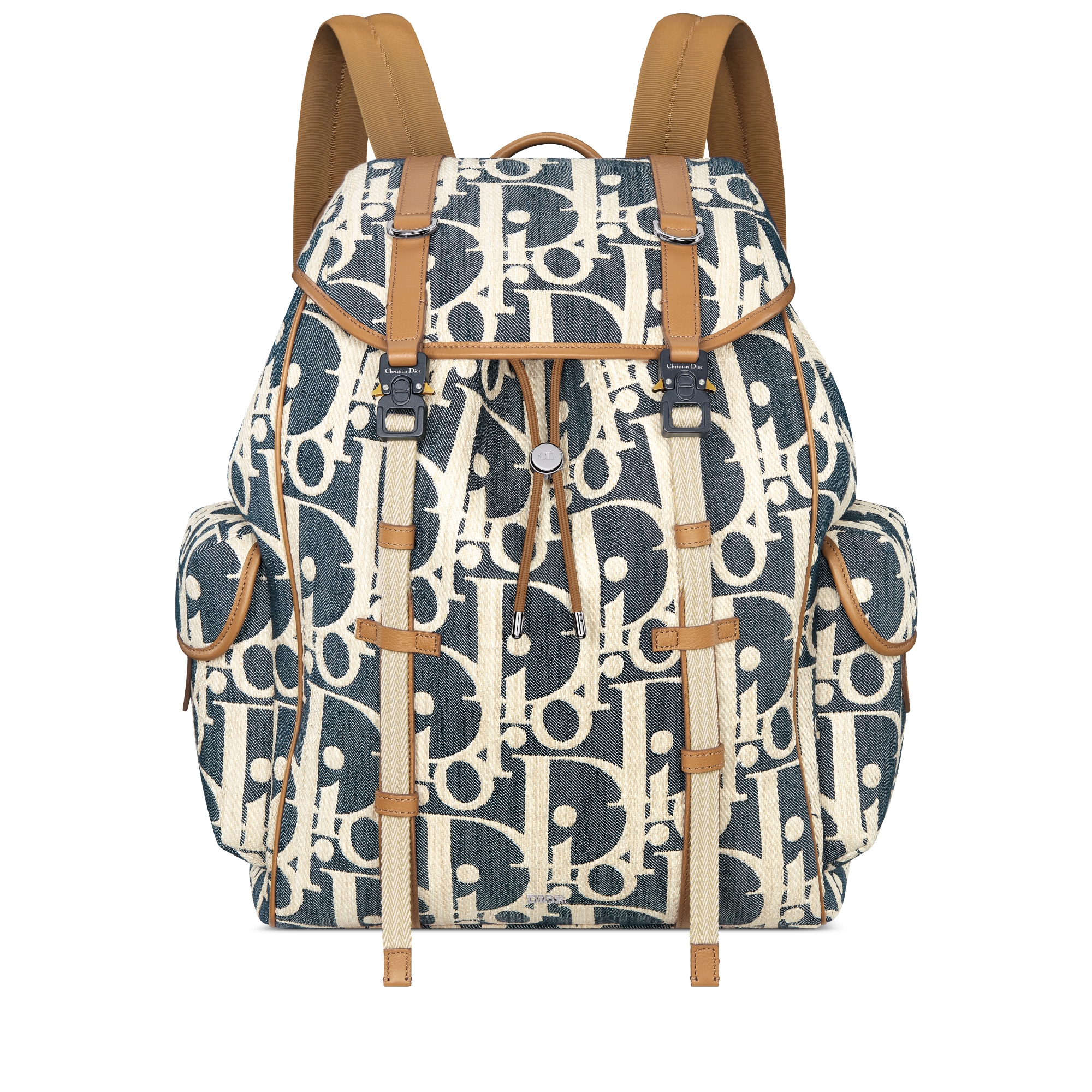 Dior Hit the Road Backpack with Flap Blue and Beige Raffia-Effect Dior Oblique Denim with Brown Grained Calfskin E01
