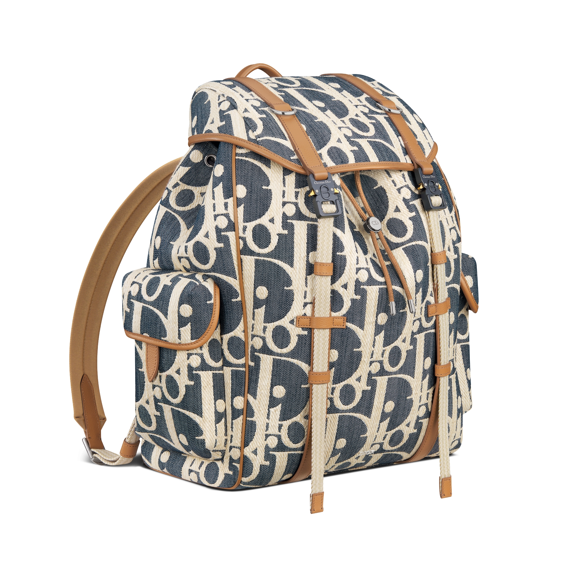 Sac à dos à rabat Dior Hit The Road Denim Dior Oblique effet raphia bleu et beige et cuir de veau grainé marron E03