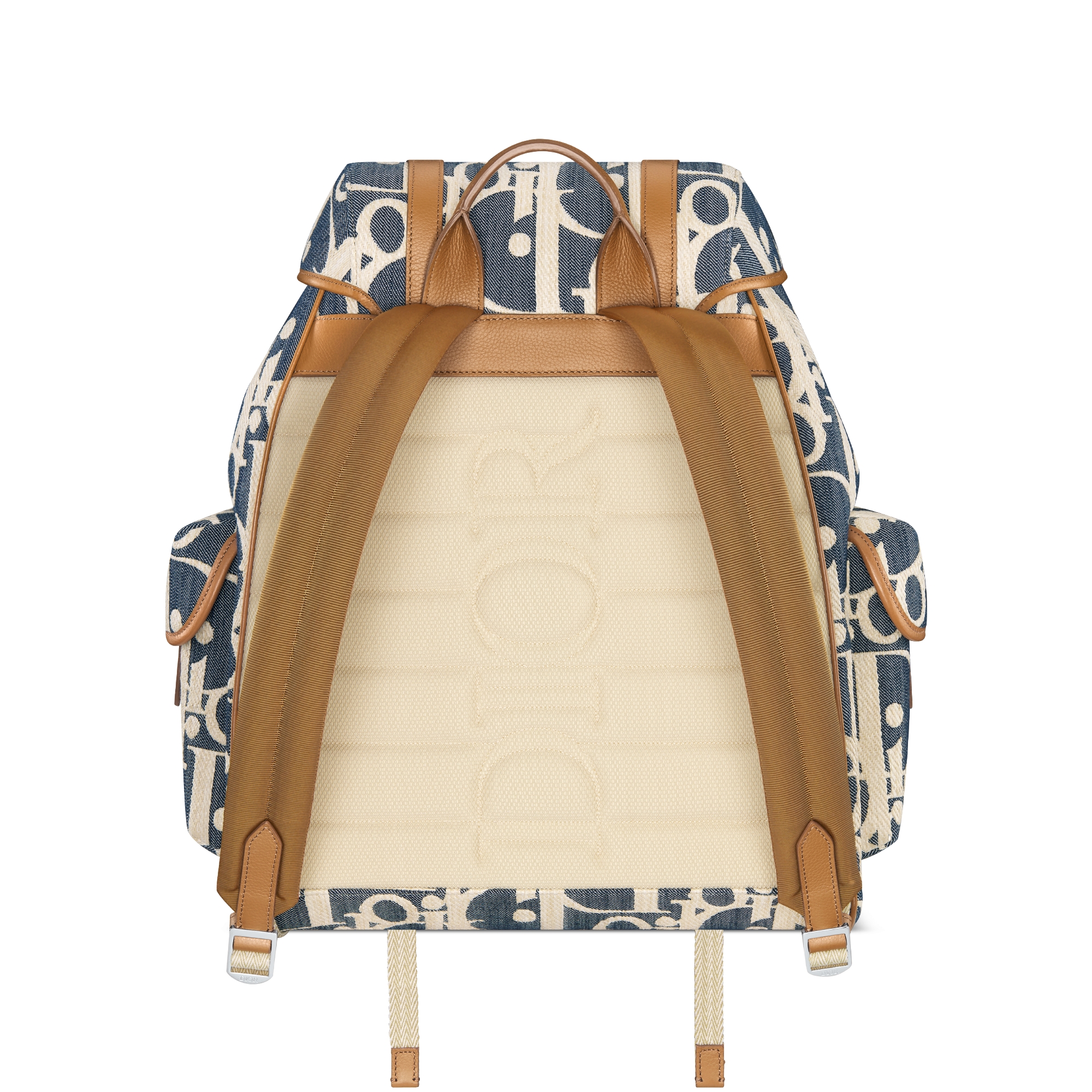 Sac à dos à rabat Dior Hit The Road Denim Dior Oblique effet raphia bleu et beige et cuir de veau grainé marron E08