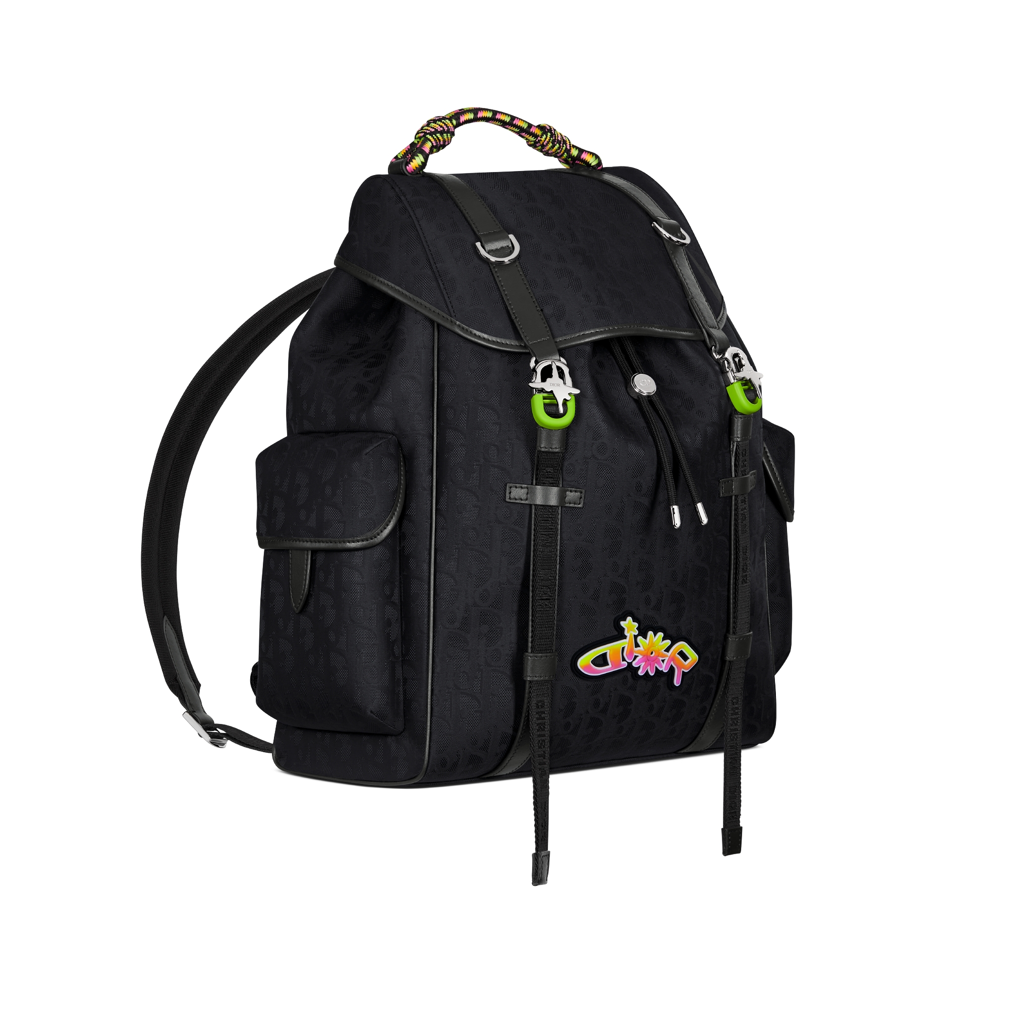 DIOR AND LEWIS HAMILTON Dior Hit the Road 플랩 백팩 블랙 Dior Oblique 나일론 & 블랙 가죽-이펙트 테크니컬 패브릭 E03