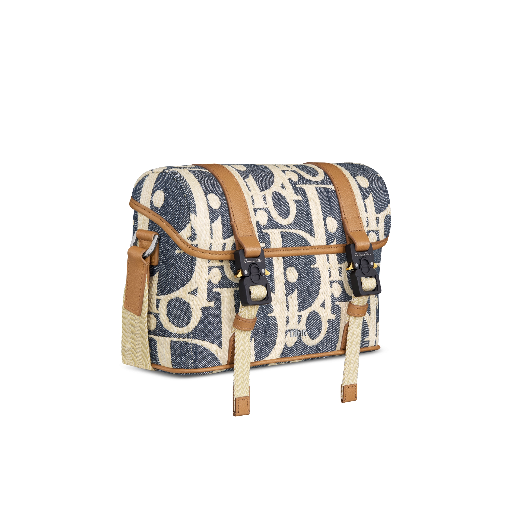 Dior Hit The Road Messenger Tasche mit Umschlagklappe Dior Oblique Denim mit Raffiabastoptik in Blau und Beige mit genarbtem Kalbsleder in Braun E03