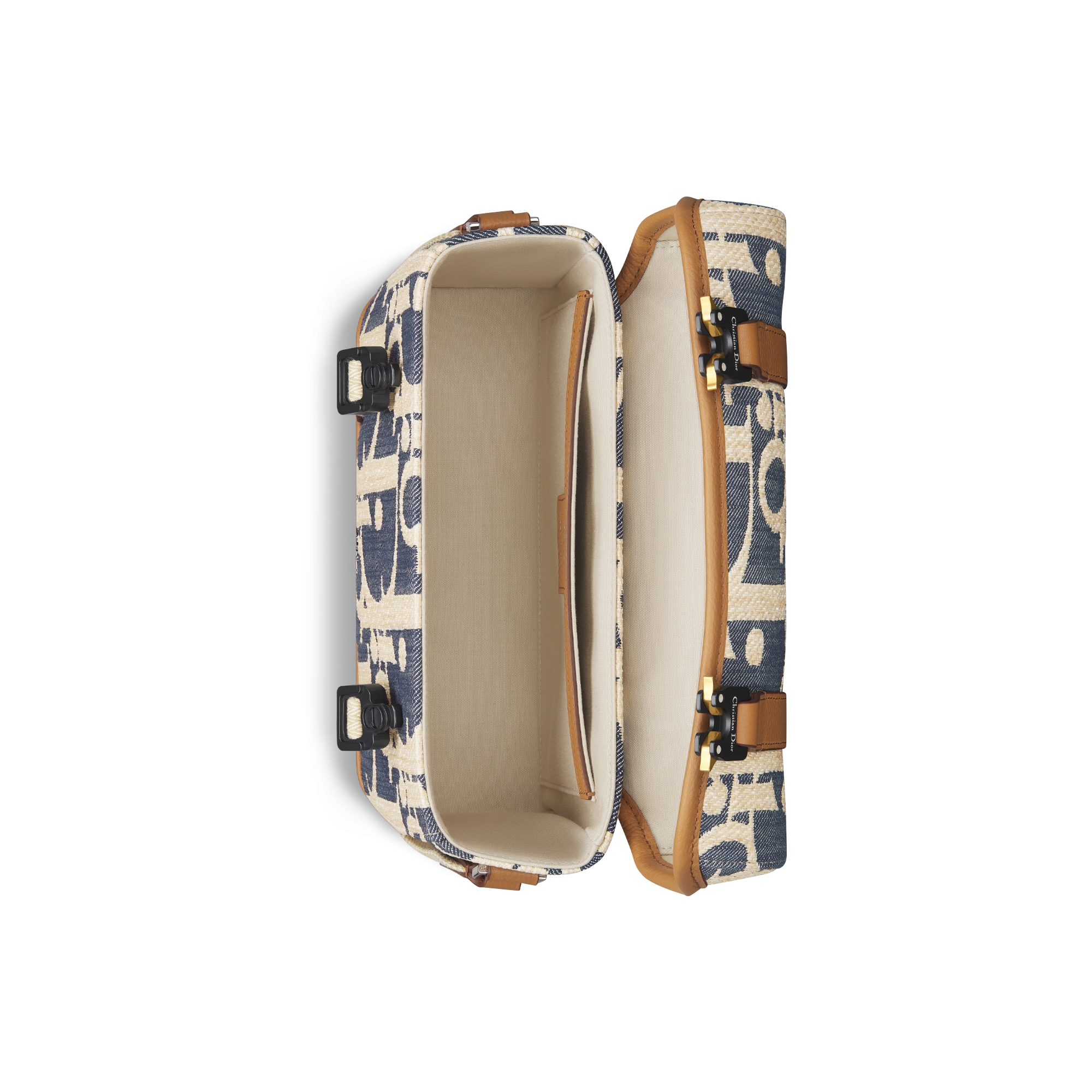 Dior Hit The Road Messenger Tasche mit Umschlagklappe Dior Oblique Denim mit Raffiabastoptik in Blau und Beige mit genarbtem Kalbsleder in Braun E06