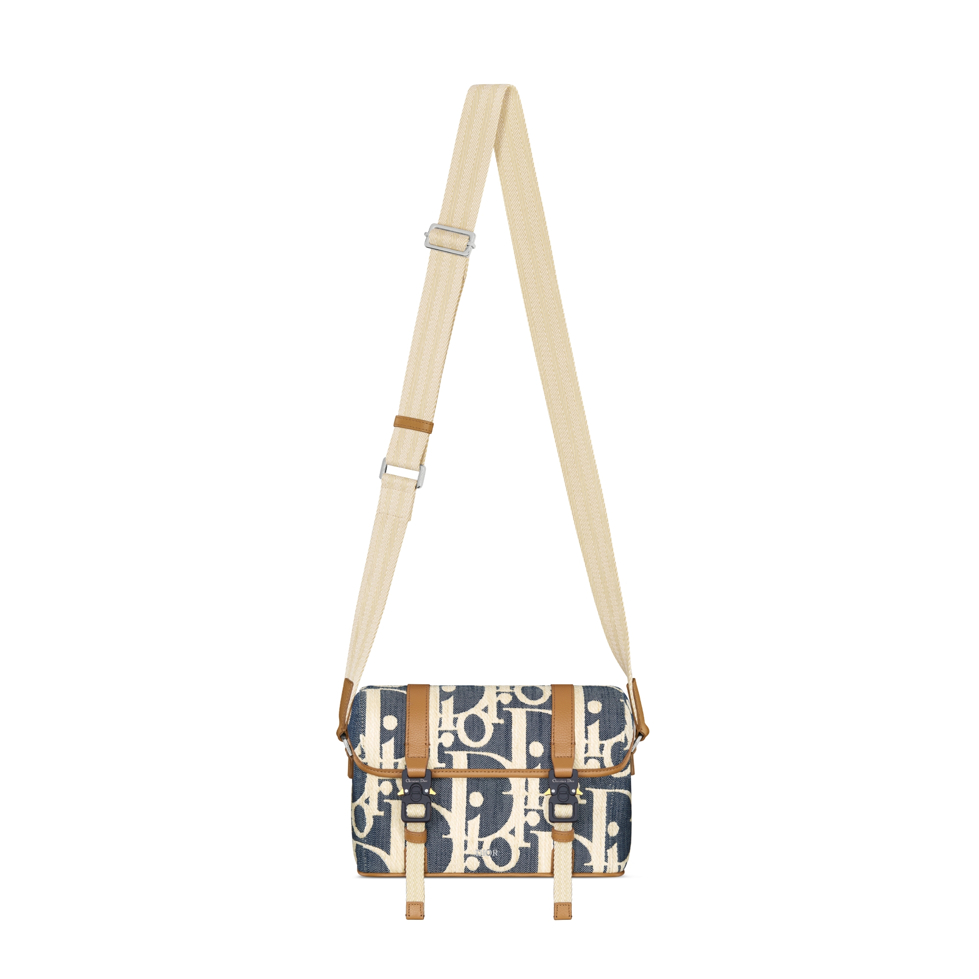 Dior Hit The Road Messenger Tasche mit Umschlagklappe Dior Oblique Denim mit Raffiabastoptik in Blau und Beige mit genarbtem Kalbsleder in Braun E07