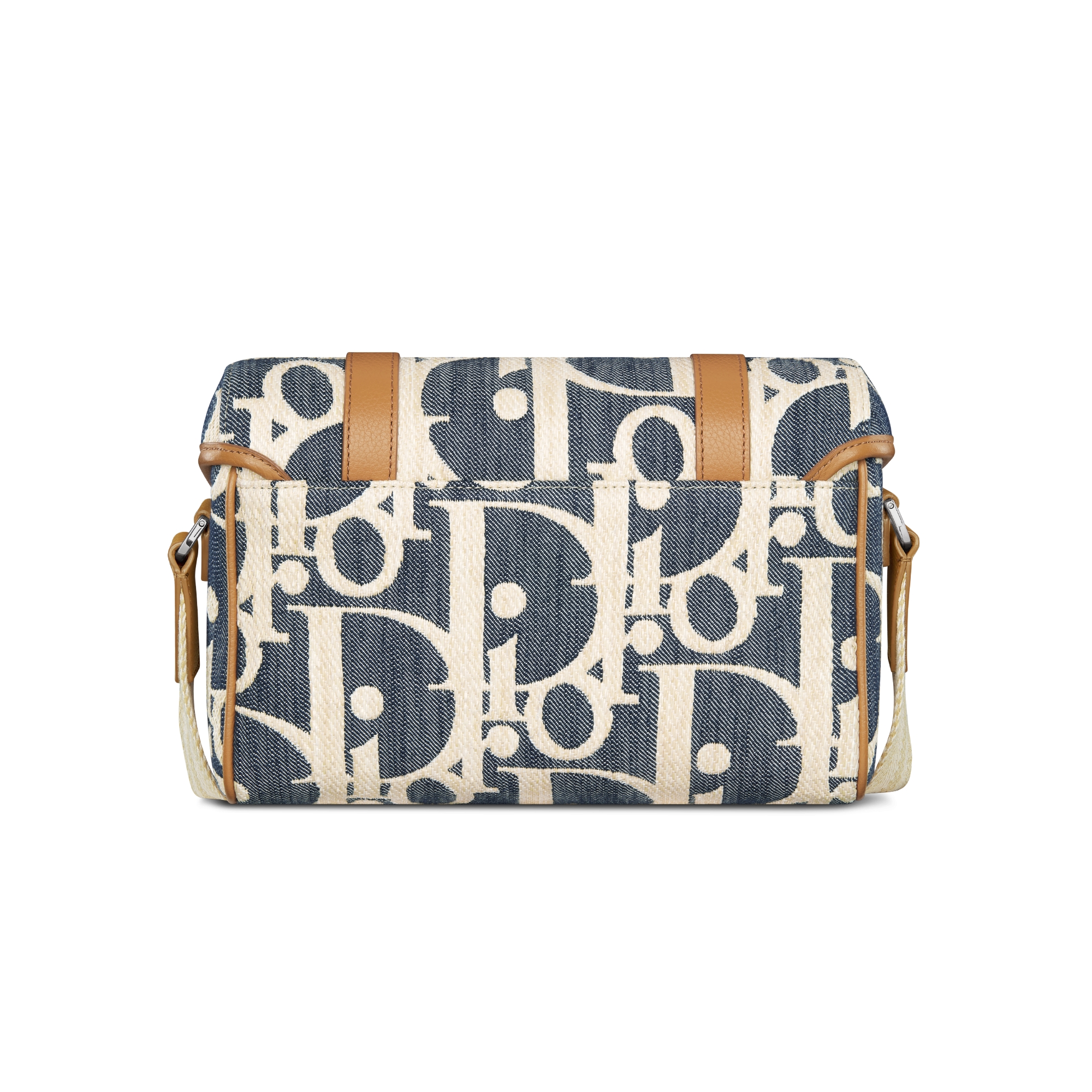 Dior Hit The Road Messenger Tasche mit Umschlagklappe Dior Oblique Denim mit Raffiabastoptik in Blau und Beige mit genarbtem Kalbsleder in Braun E08