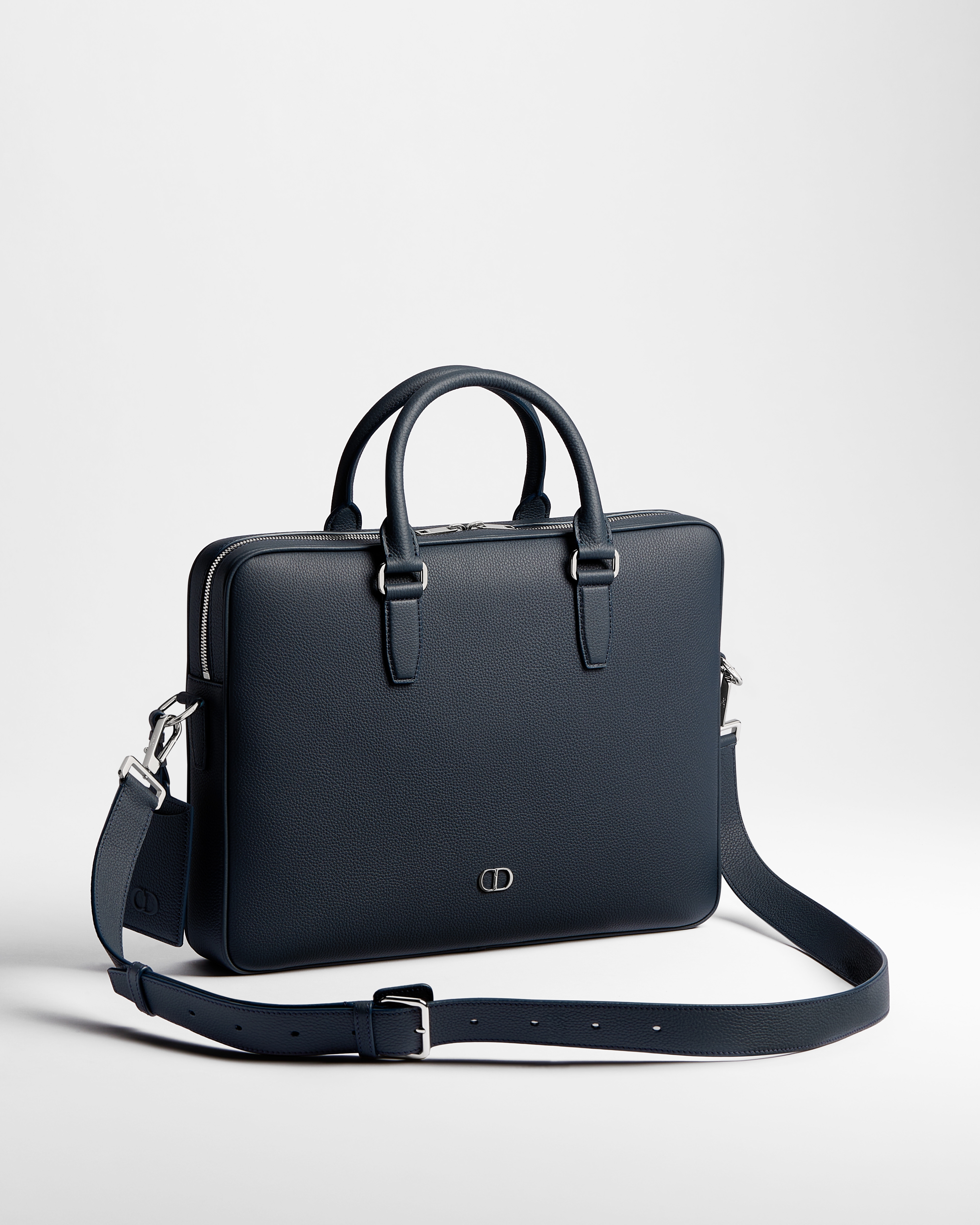 CD Icon Zipped Briefcase Navy Blue Matte Grained Calfskin E03