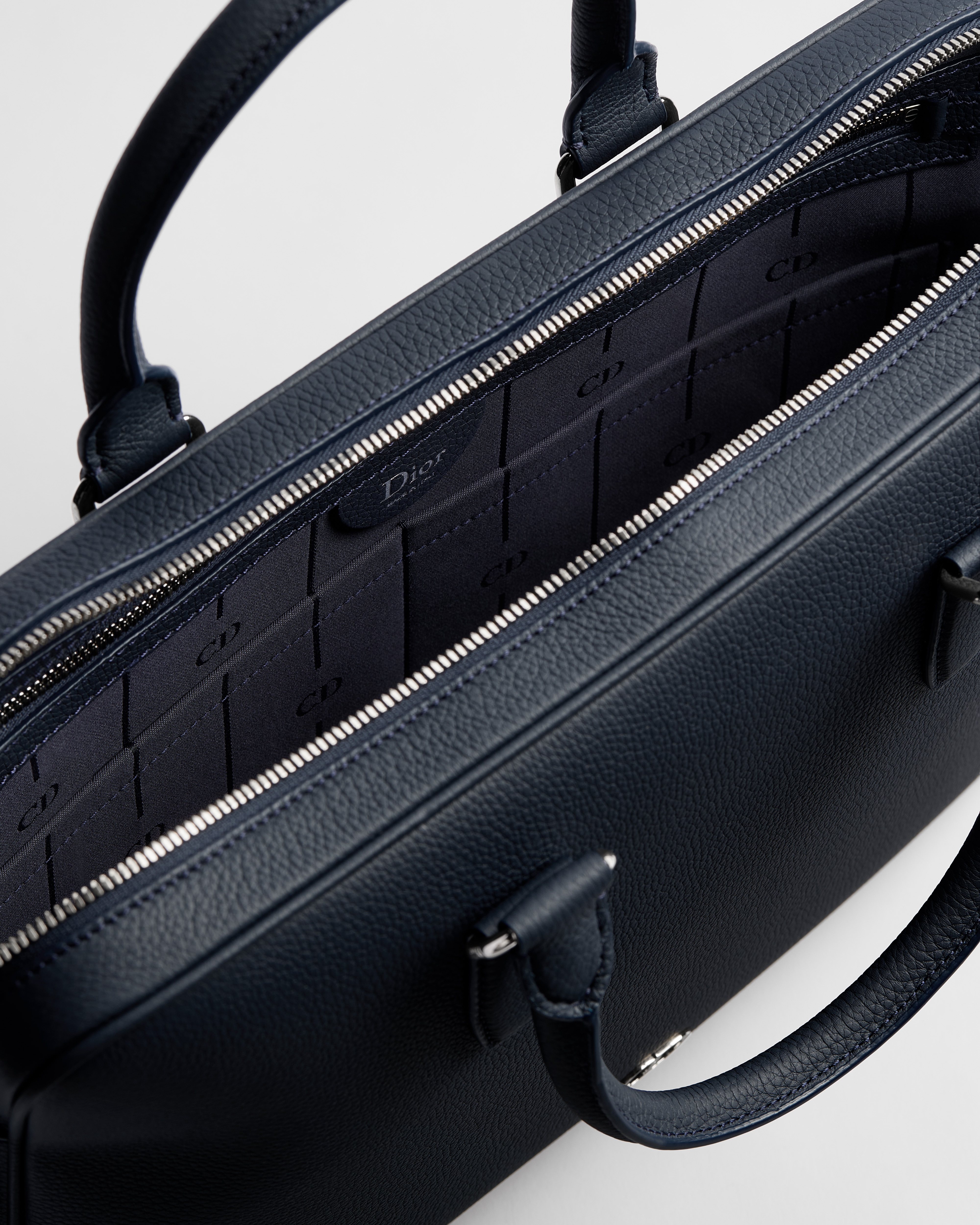 CD Icon Zipped Briefcase Navy Blue Matte Grained Calfskin E06