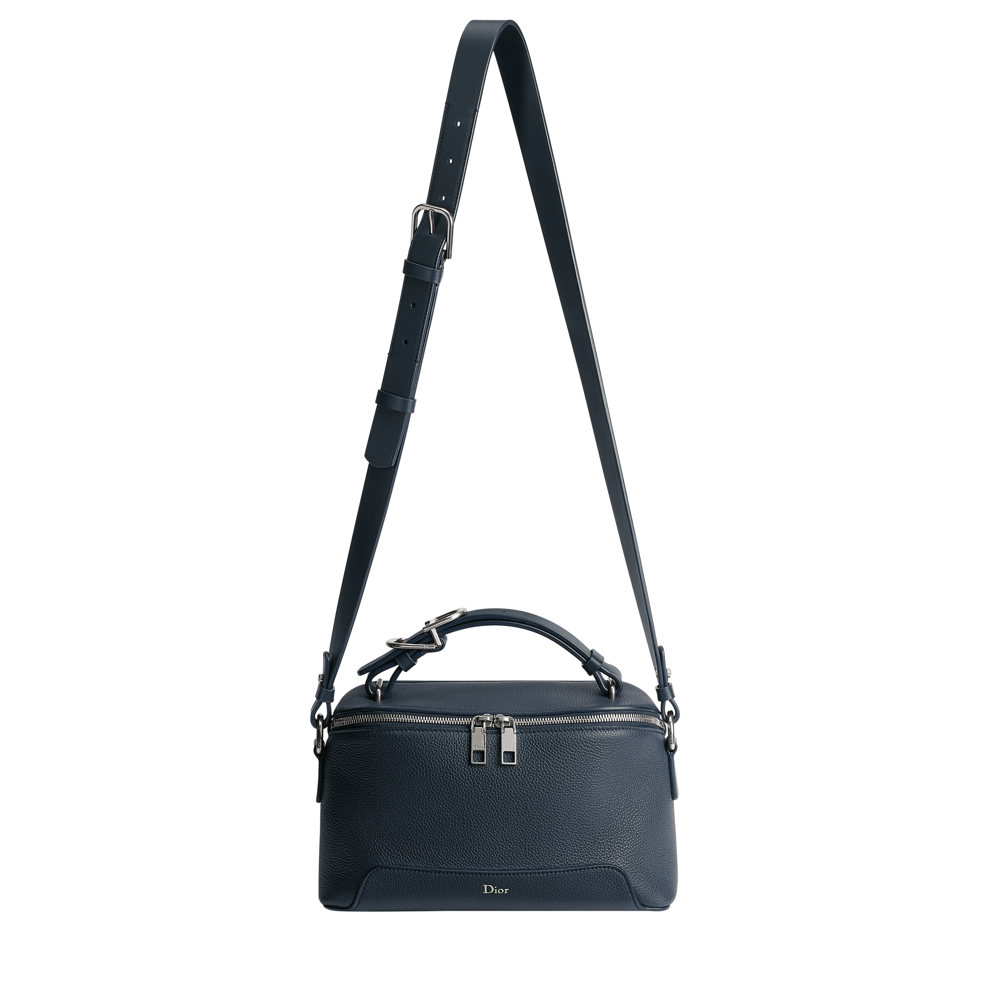 Dior Archie Zipped Bag with Strap Navy Blue Grained Calfskin E07