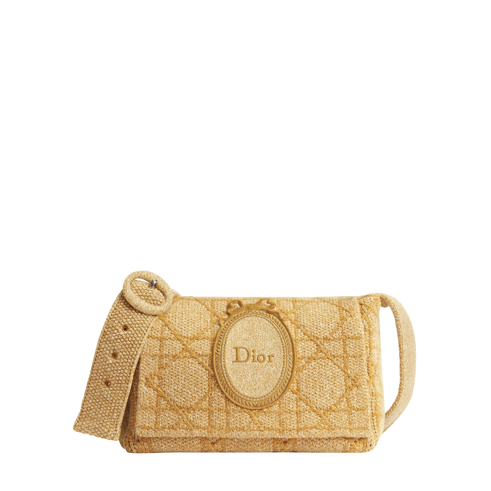 Large Dior Médaillon Messenger Flap Bag Yellow Cannage Wool-Blend Knit E01