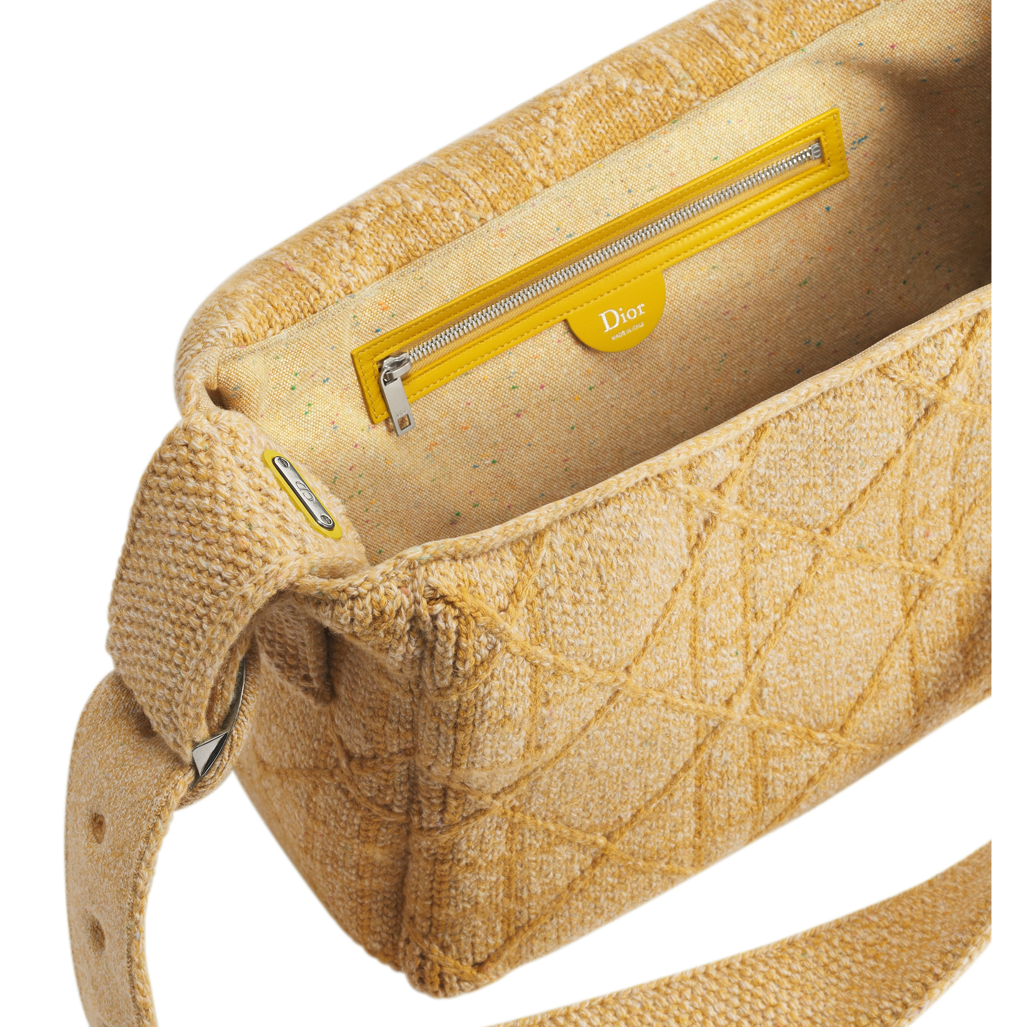 Large Dior Médaillon Messenger Flap Bag Yellow Cannage Wool-Blend Knit E06