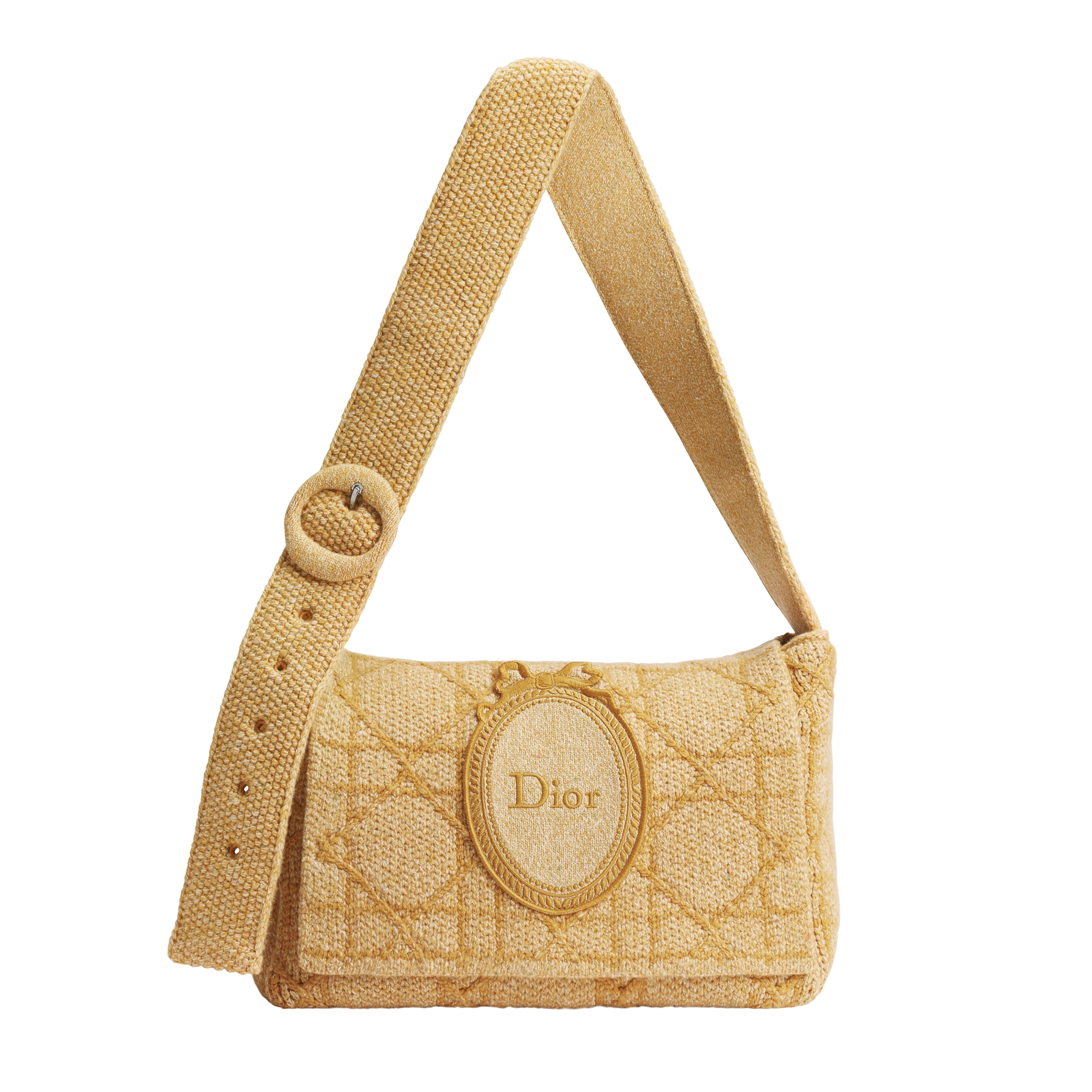 Large Dior Médaillon Messenger Flap Bag Yellow Cannage Wool-Blend Knit E07