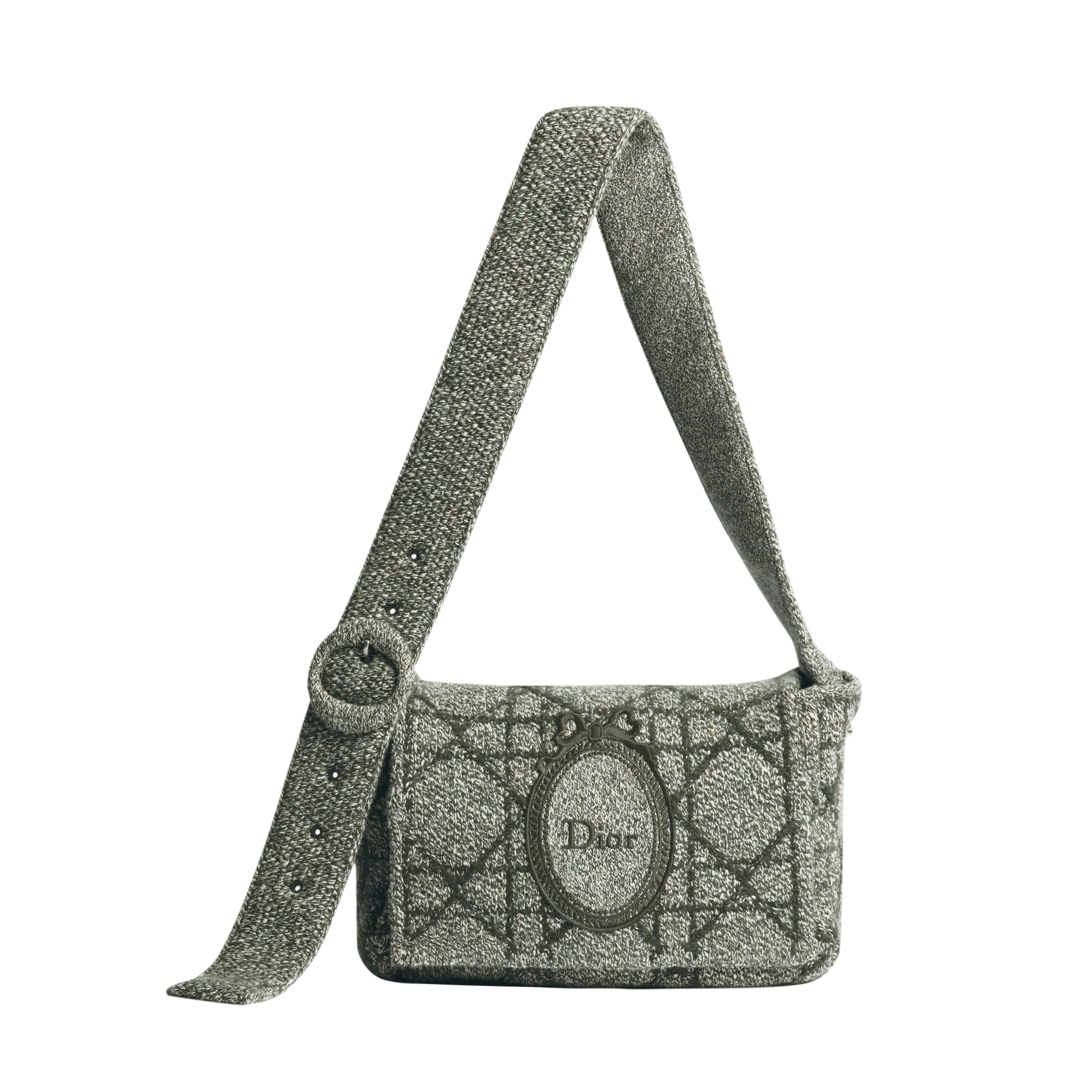 Medium Dior Médaillon Messenger Flap Bag Gray Khaki Cannage Wool-Blend Knit E07