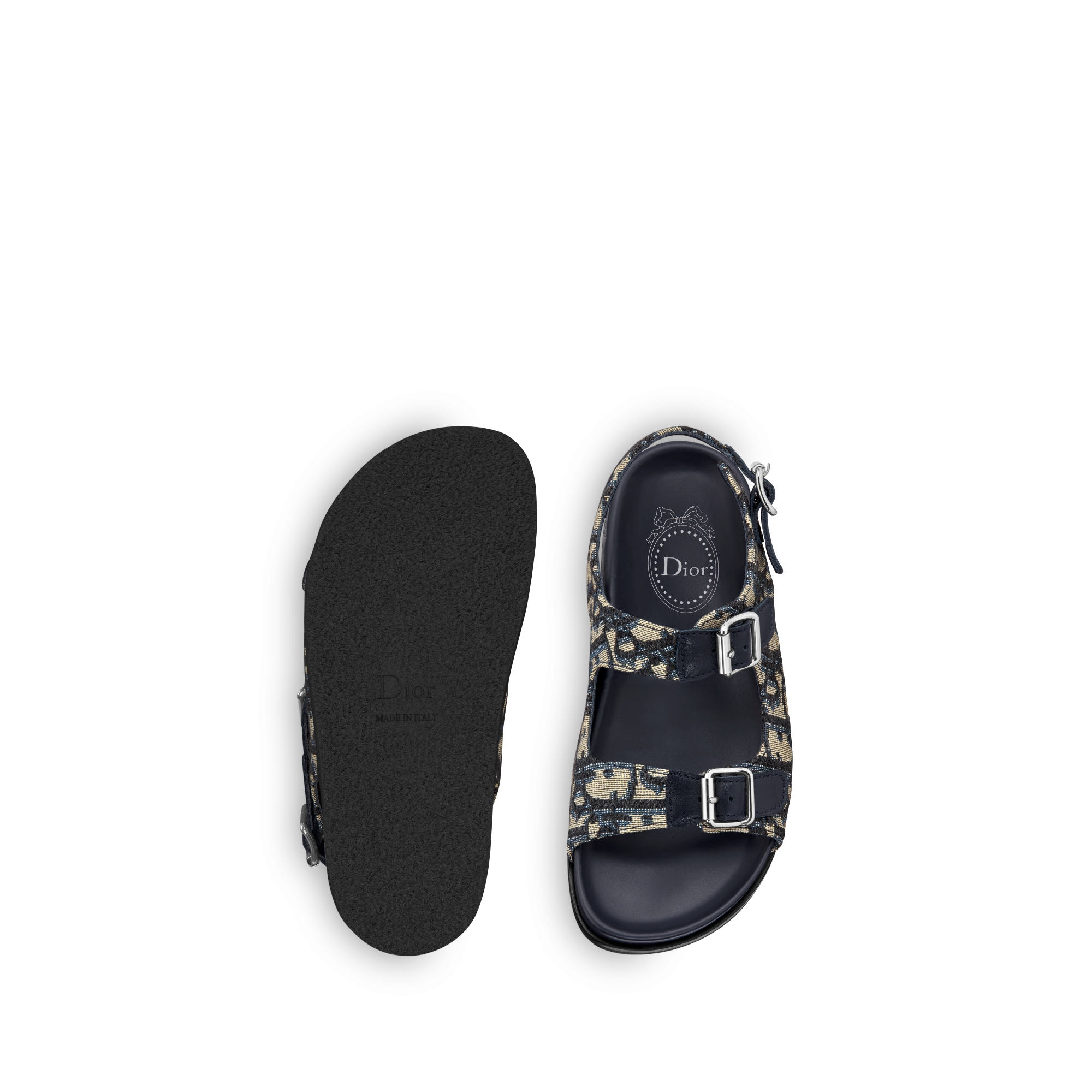 Kids' Sandal Blue Calfskin and Beige and Black Dior Oblique Fabric E07
