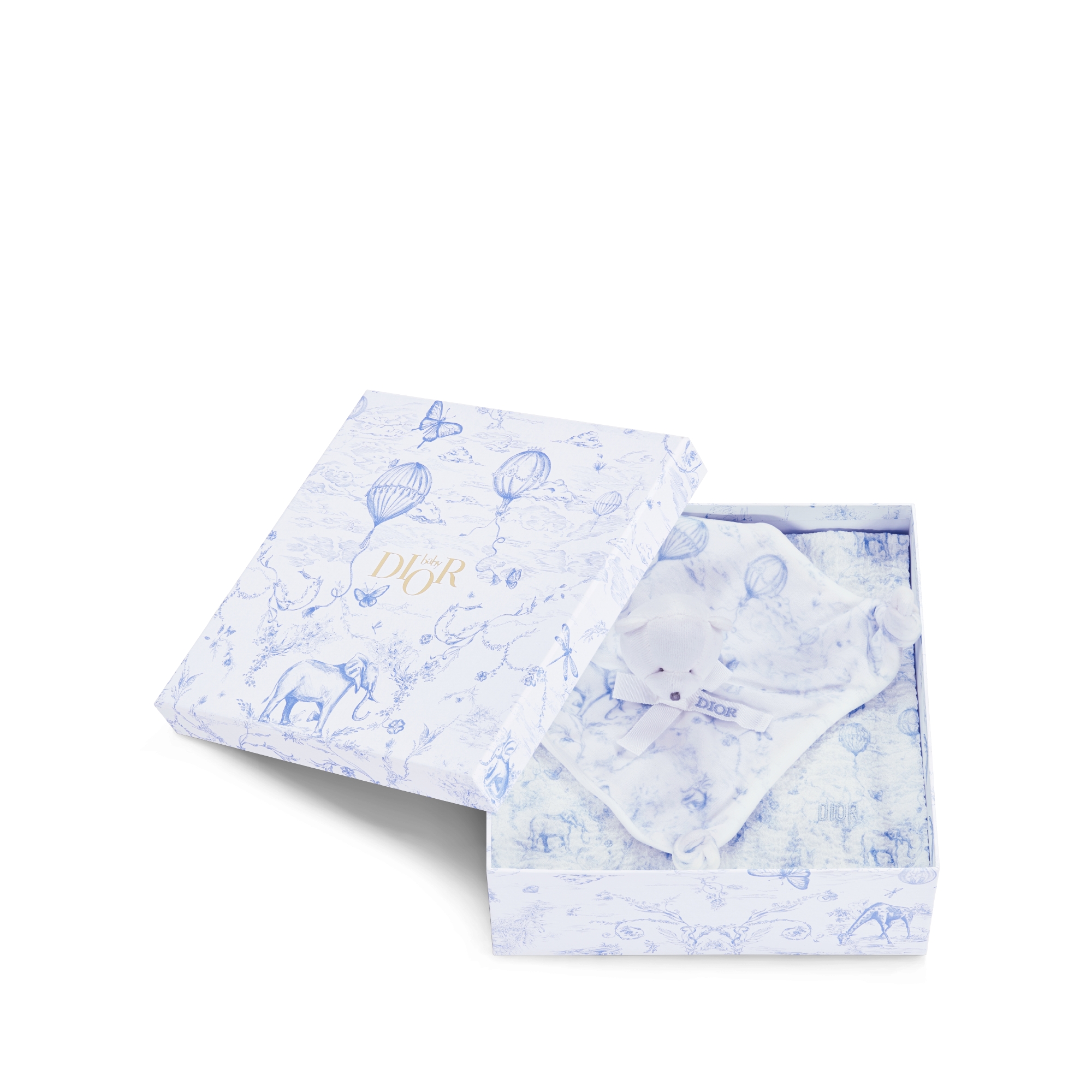 Geschenkset für Neugeborene Baumwollmusselin in Weiß, Interlock und Samt mit Toile de Jouy Print in Hellblau E10