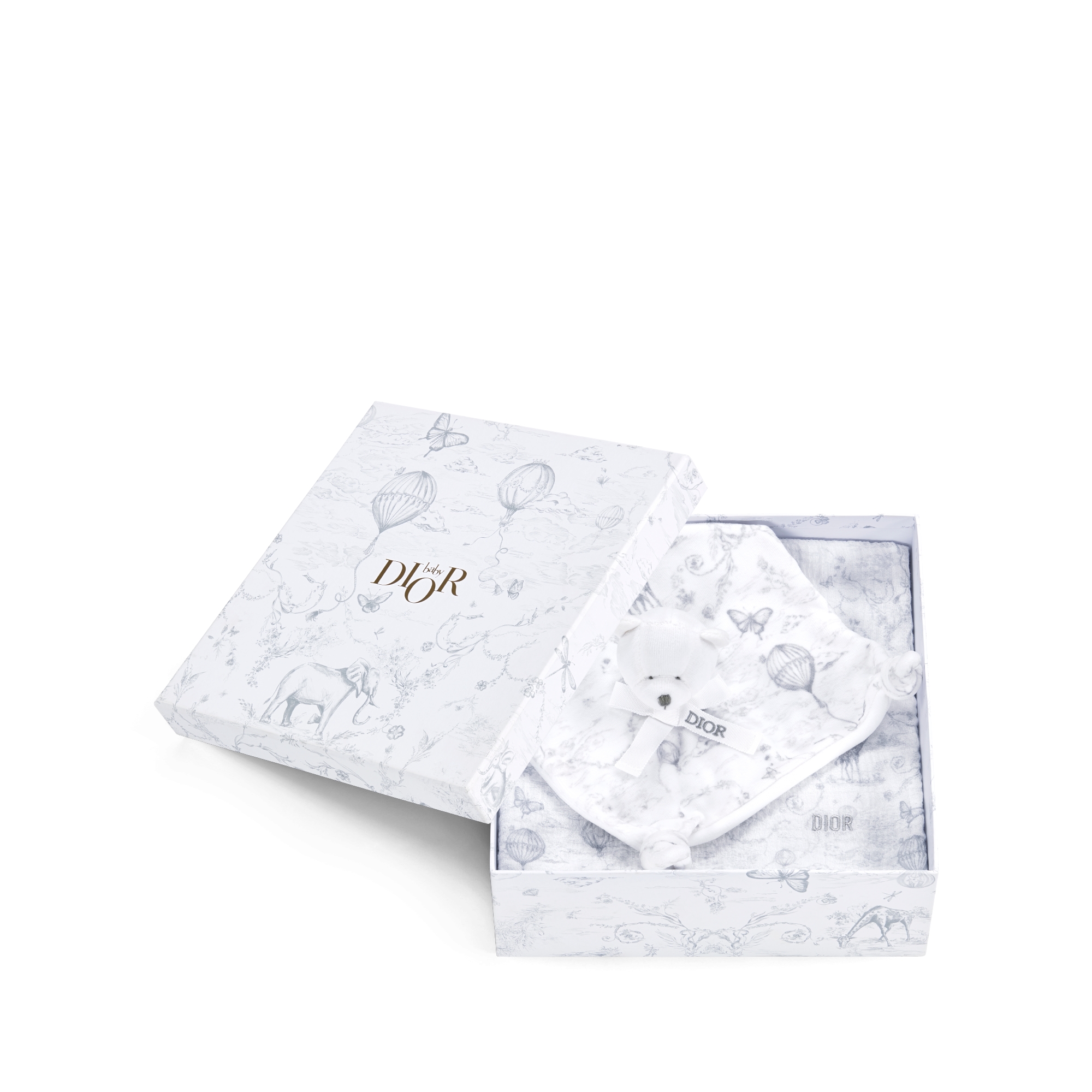 Cadeauset voor baby’s Witte katoenen mousseline, interlock en fluweel met grijze Toile de Jouy-print E10