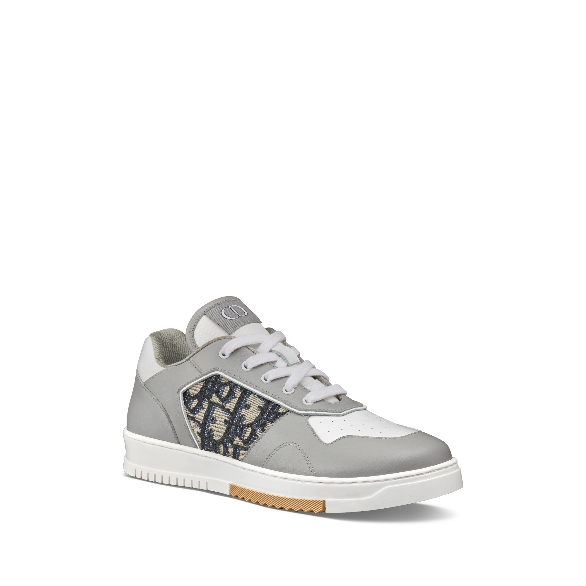 B27 Uptown Low Top Sneaker für Kinder Glattes Kalbsleder in Grau und Weiß mit Dior Oblique Jacquard in Beige und Schwarz E03