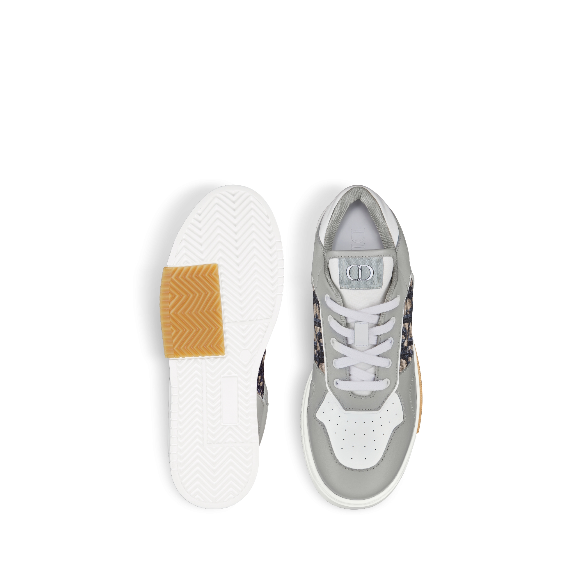 童裝 B27 Uptown 低筒運動鞋 灰色和白色光滑小牛皮，配米色和黑色 Dior Oblique 圖案緹花 E07
