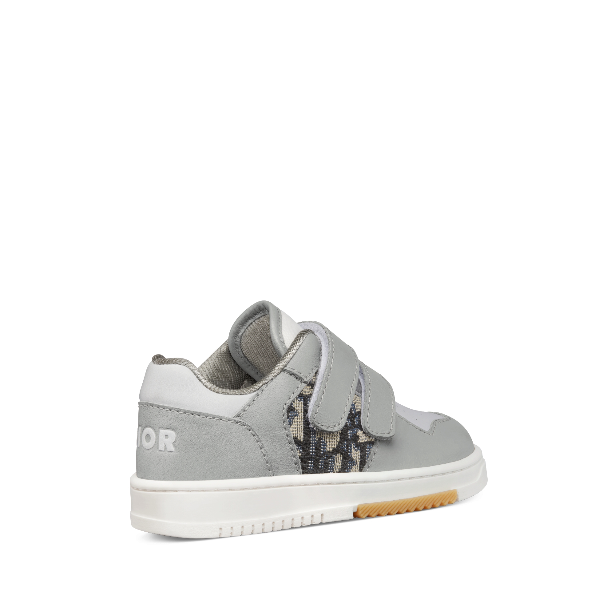 Sneaker B27 Uptown basse bébé Cuir de veau lisse gris et blanc, toile jacquard Dior Oblique beige et noir E05