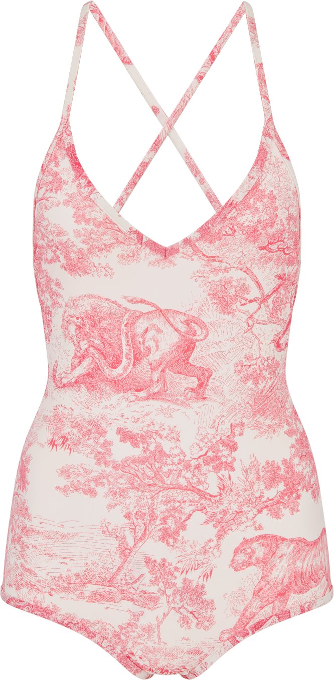 Dioriviera One Piece Swimsuit White and Candy Pink Technical Fabric with Toile de Jouy Sauvage Motif DIOR