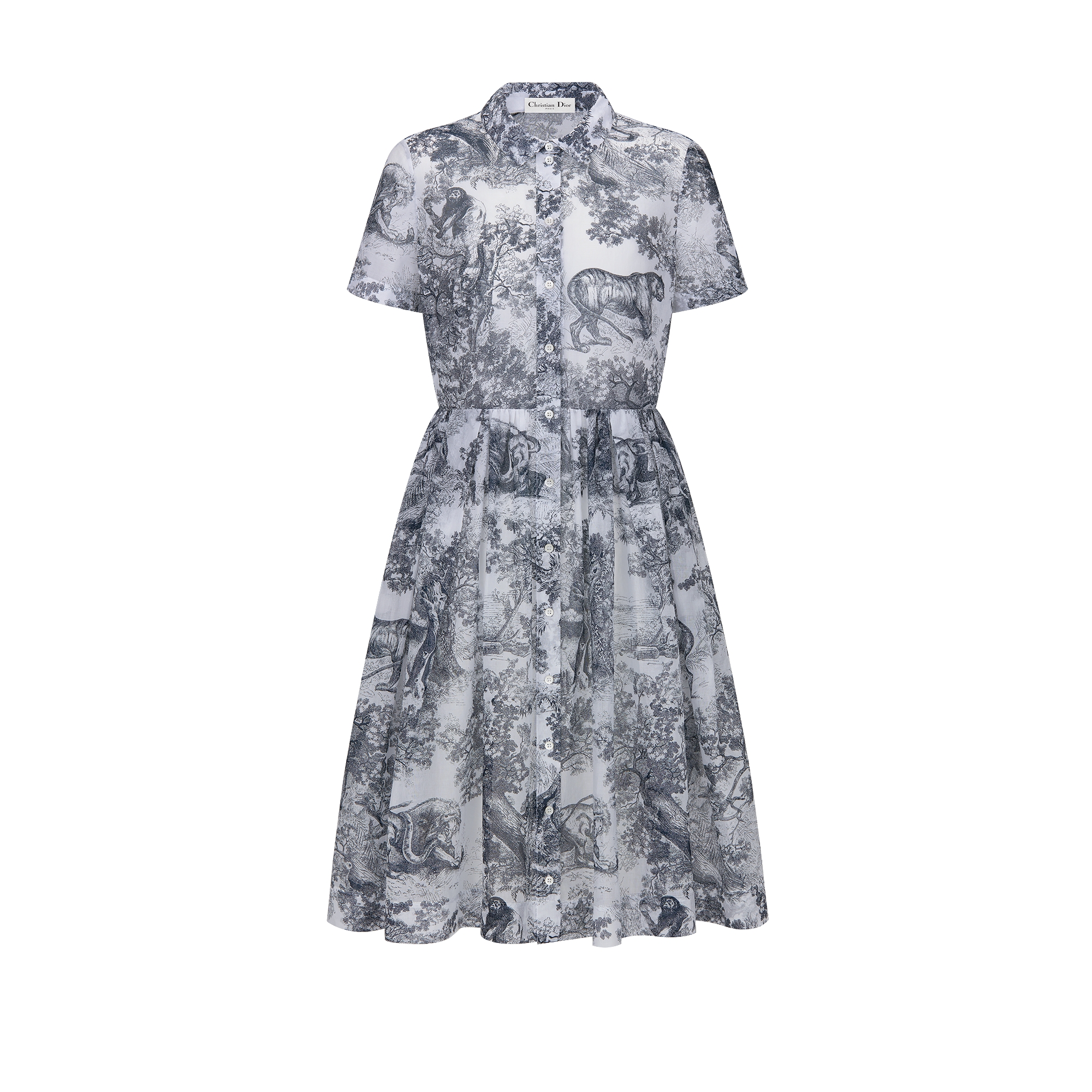 Mid-Length Shirtdress White and Navy Blue Toile de Jouy Cotton Muslin | DIOR