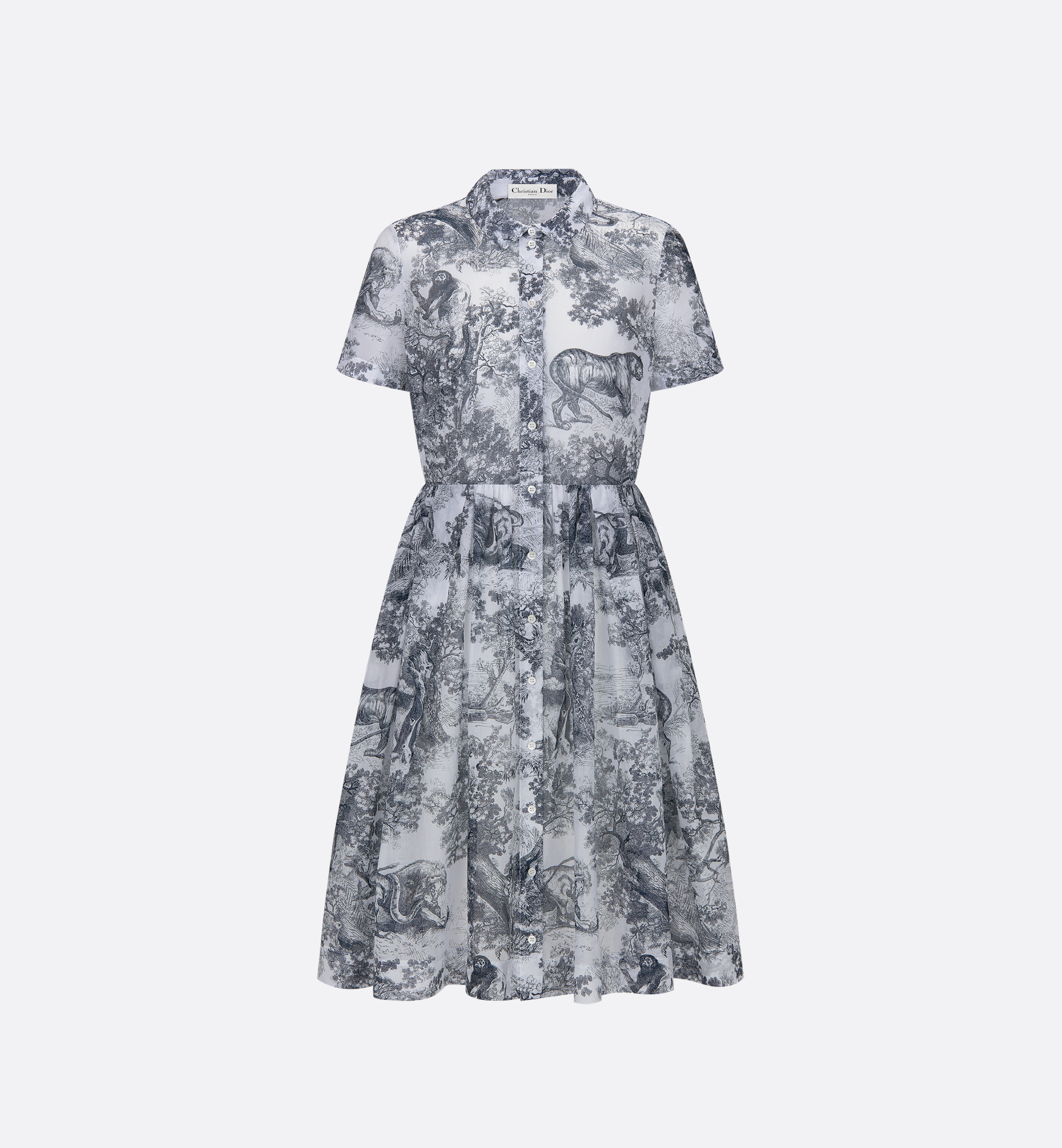 dior shirt dress - Dioriviera Long Shirtdress Celestial Blue Silk Twill With White Toile de Jouy Palms Motif - Size 40 capturing the beauty of nature with a vibrant jungle scene populated by diverse wildlife DIOR BLUE ''CHRISTIAN DIOR'' POLO