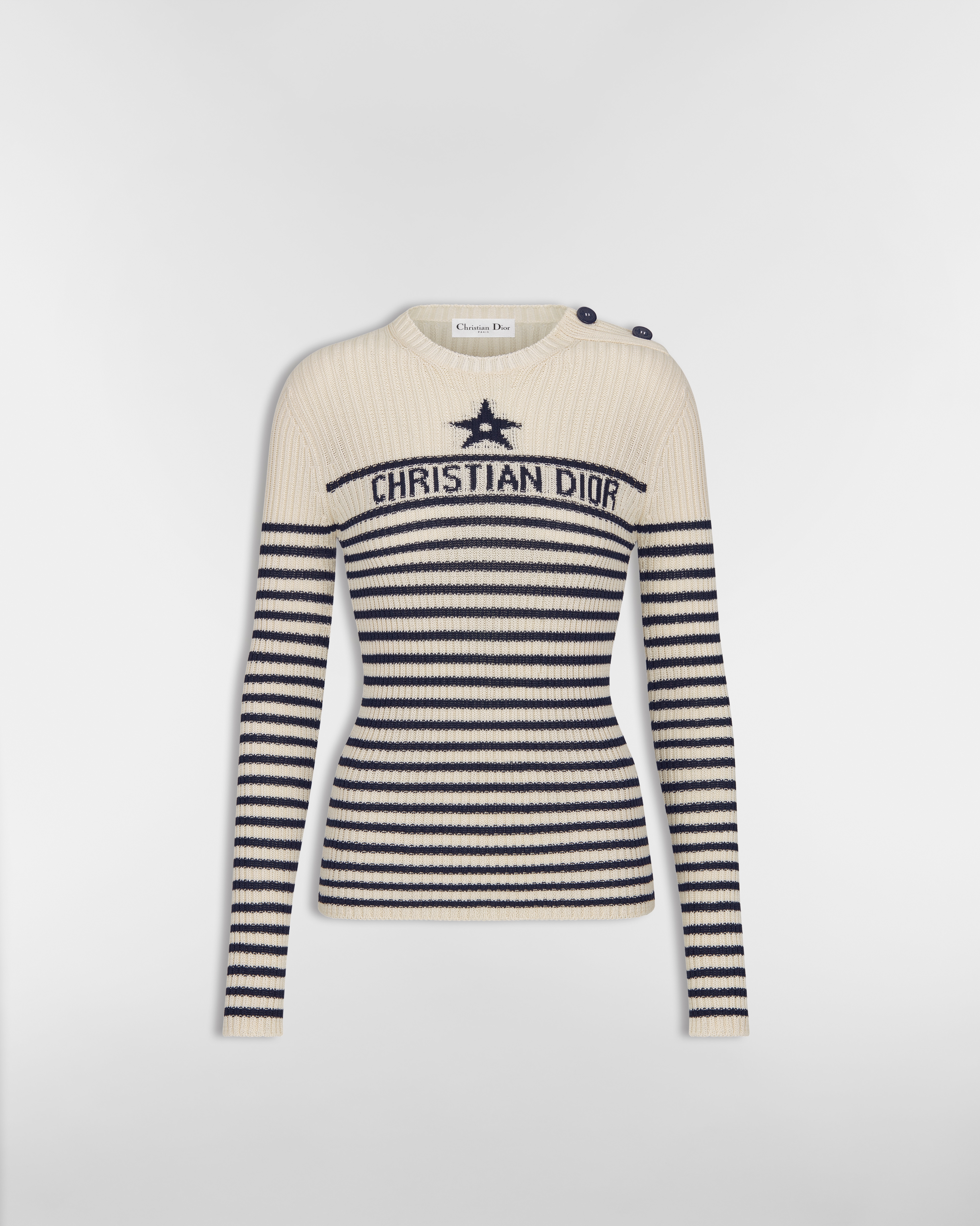 كنزة Dioriviera قطن محبوك باللونين البيج الفاتح والأزرق الكحلي مع توقيع الدار E01