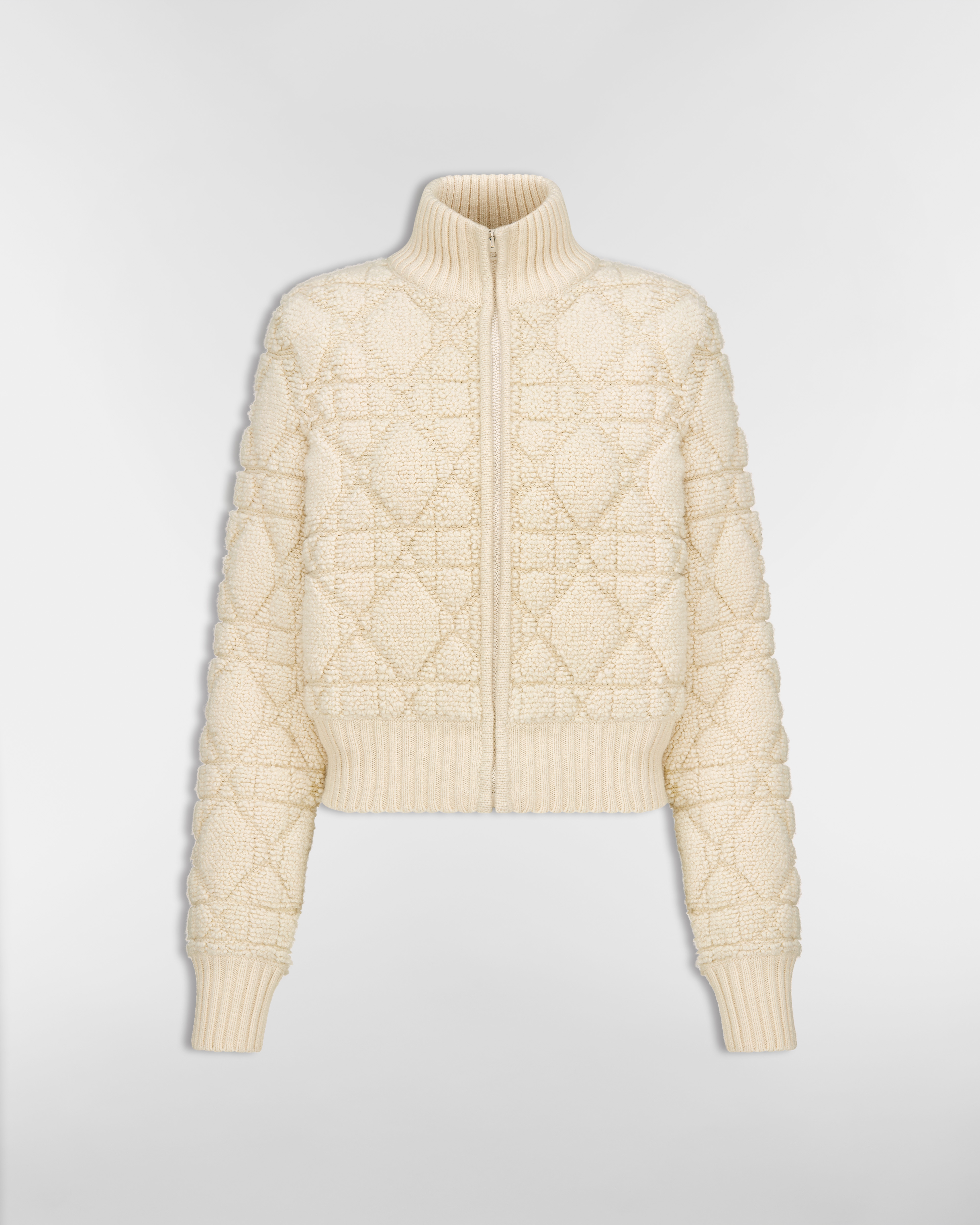 Macrocannage Zipped Cardigan Ecru Wool-Cashmere-Blend Knit E01