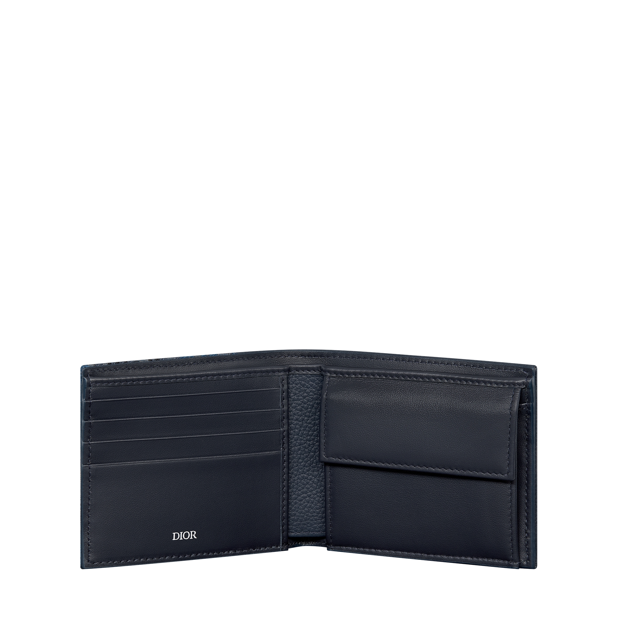 Saddle Bifold Wallet Deep Blue Grained Calfskin and Deep Blue Dior Oblique Trio Jacquard Marquetry E07