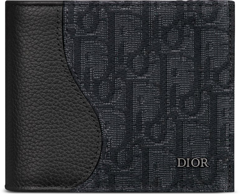 Saddle Bifold Wallet Black Grained Calfskin Marquetry with Beige and Black Dior Oblique Jacquard DIOR