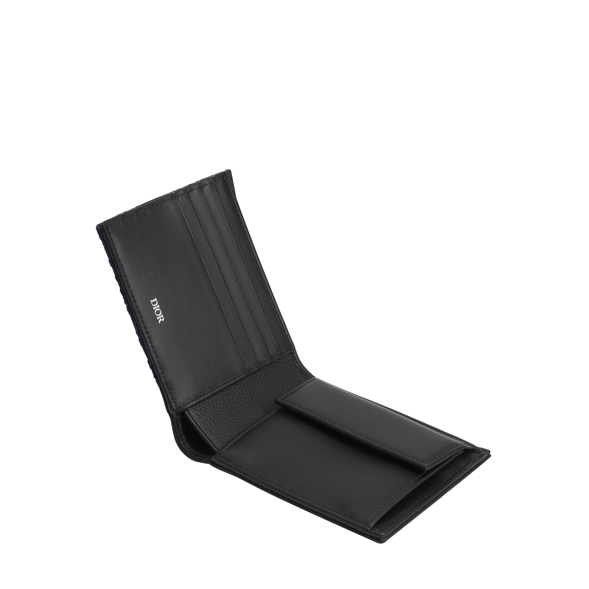 Saddle Bifold Wallet Black Grained Calfskin Marquetry and Black Dior Oblique Jacquard E07