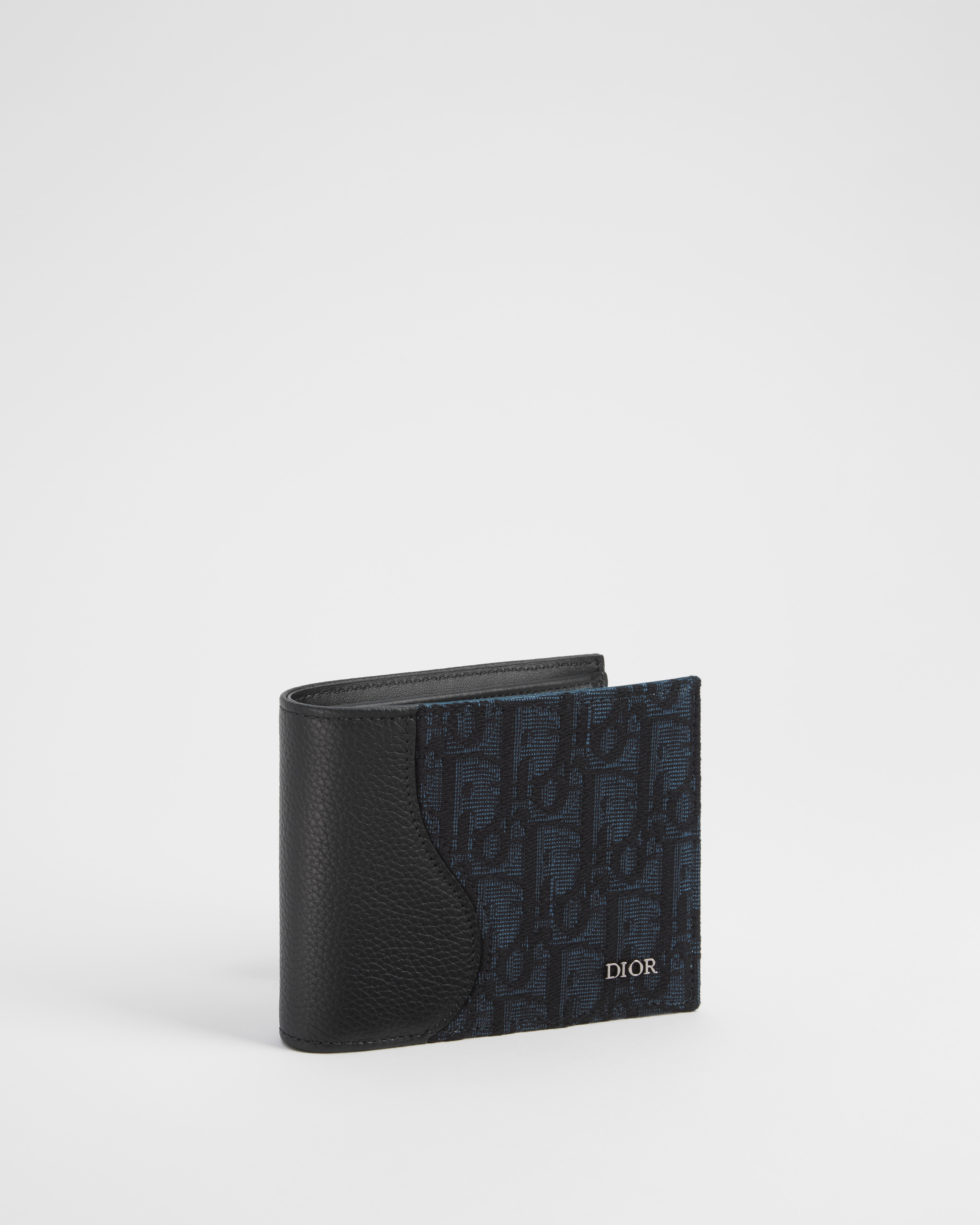 Saddle Bifold Wallet Black Grained Calfskin Marquetry and Black Dior Oblique Jacquard E03