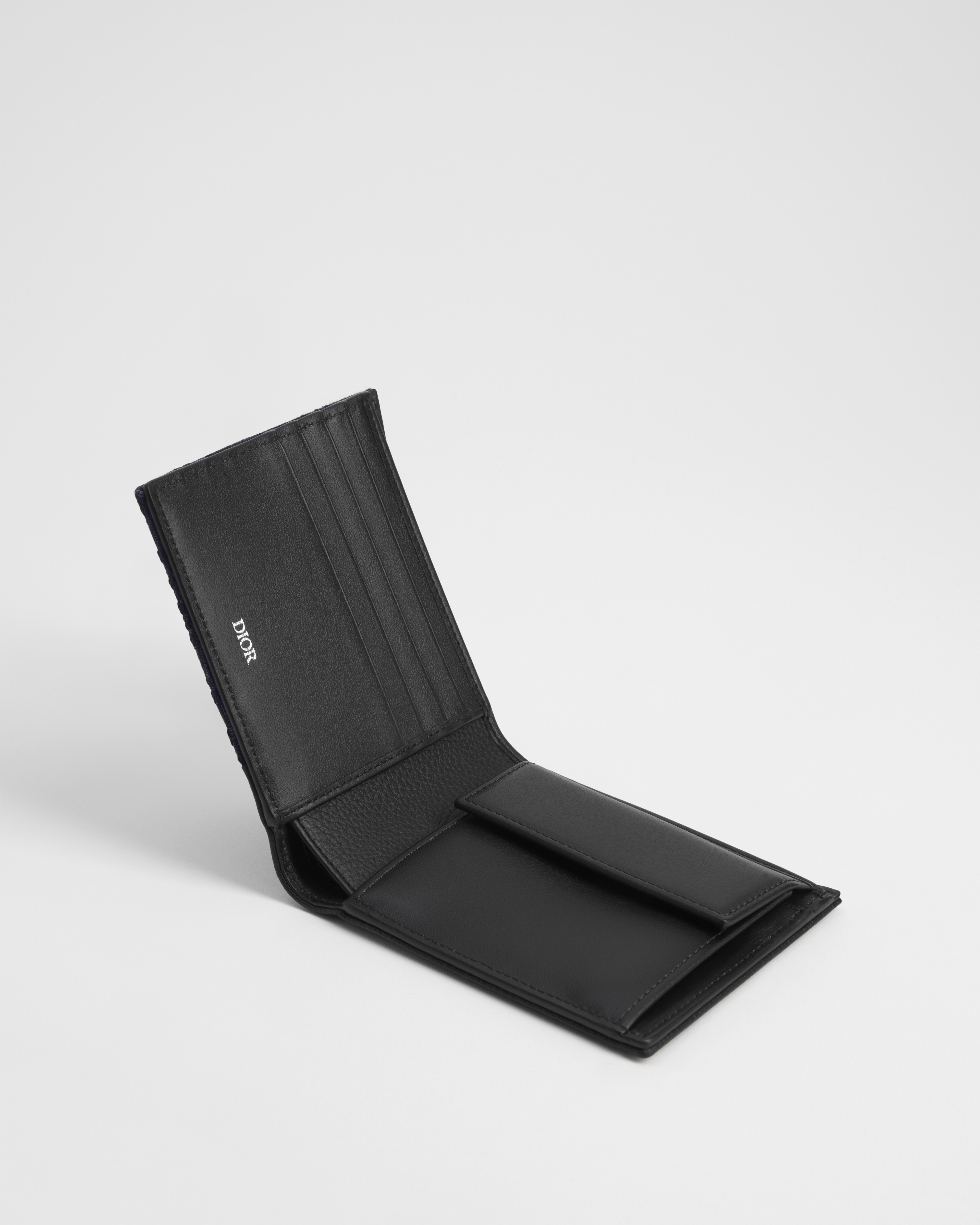 Saddle Bifold Wallet Black Grained Calfskin Marquetry and Black Dior Oblique Jacquard E07