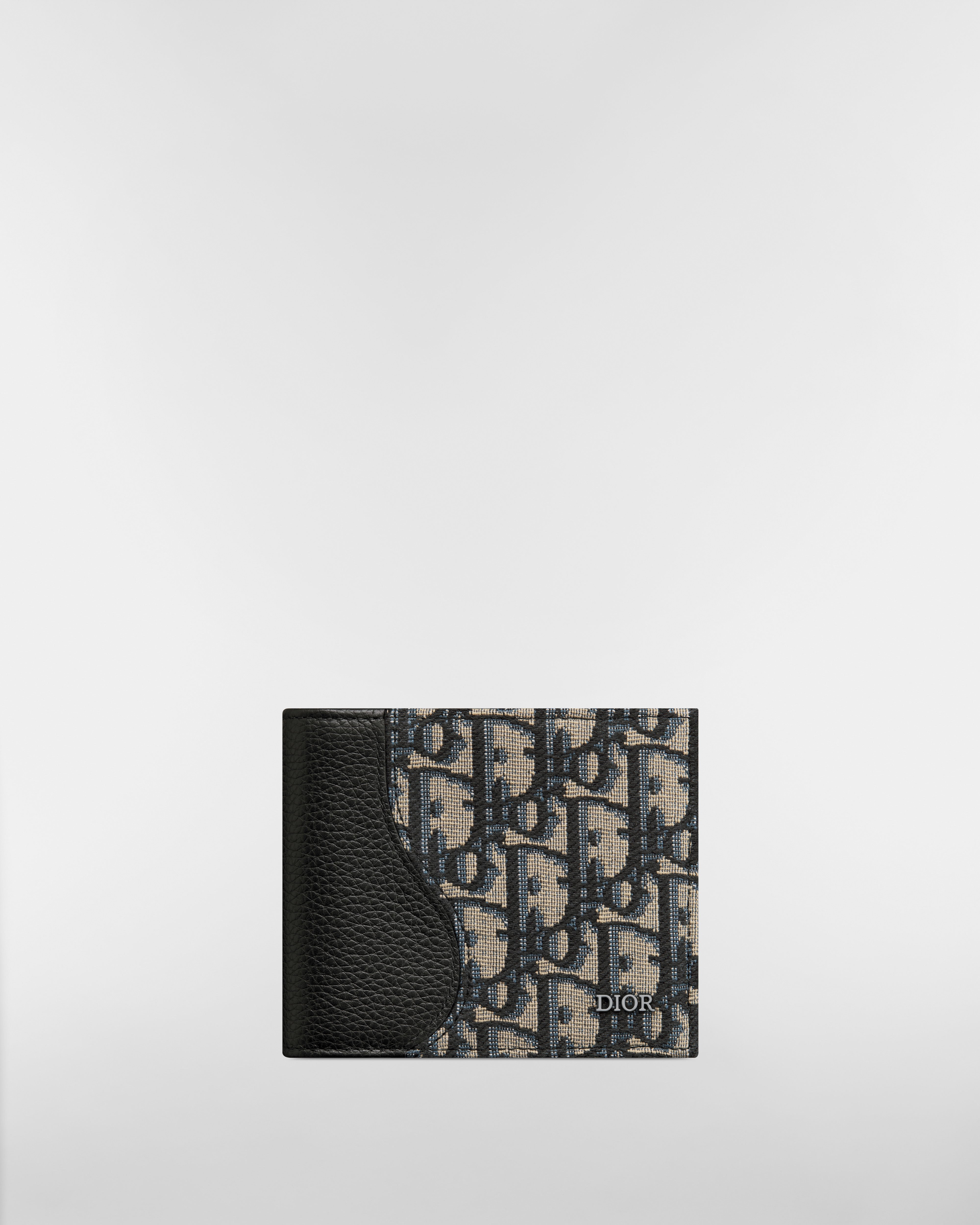 Saddle Bifold Wallet Black Grained Calfskin Marquetry with Beige and Black Dior Oblique Jacquard E01