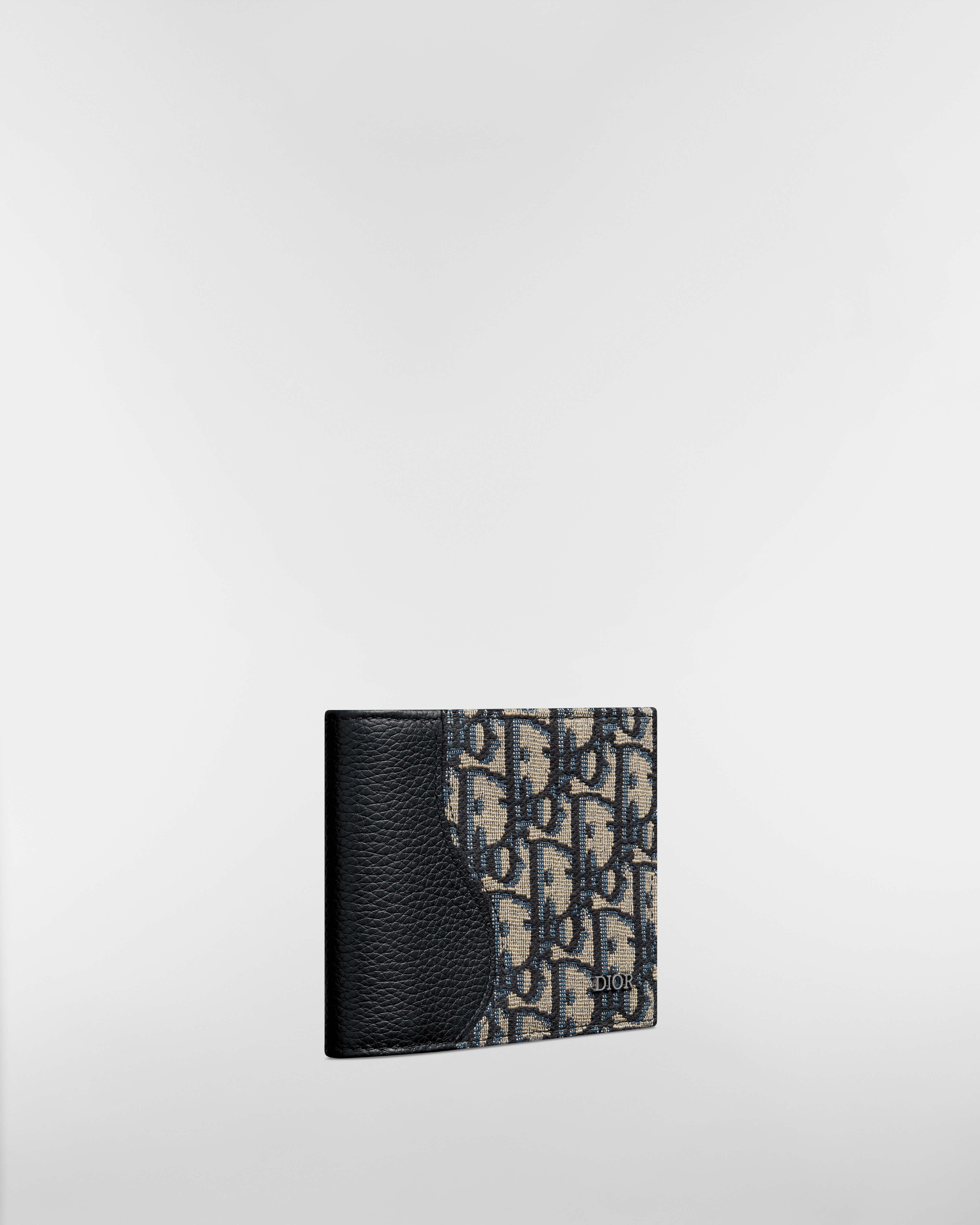 Saddle Bifold Wallet Black Grained Calfskin Marquetry with Beige and Black Dior Oblique Jacquard E03