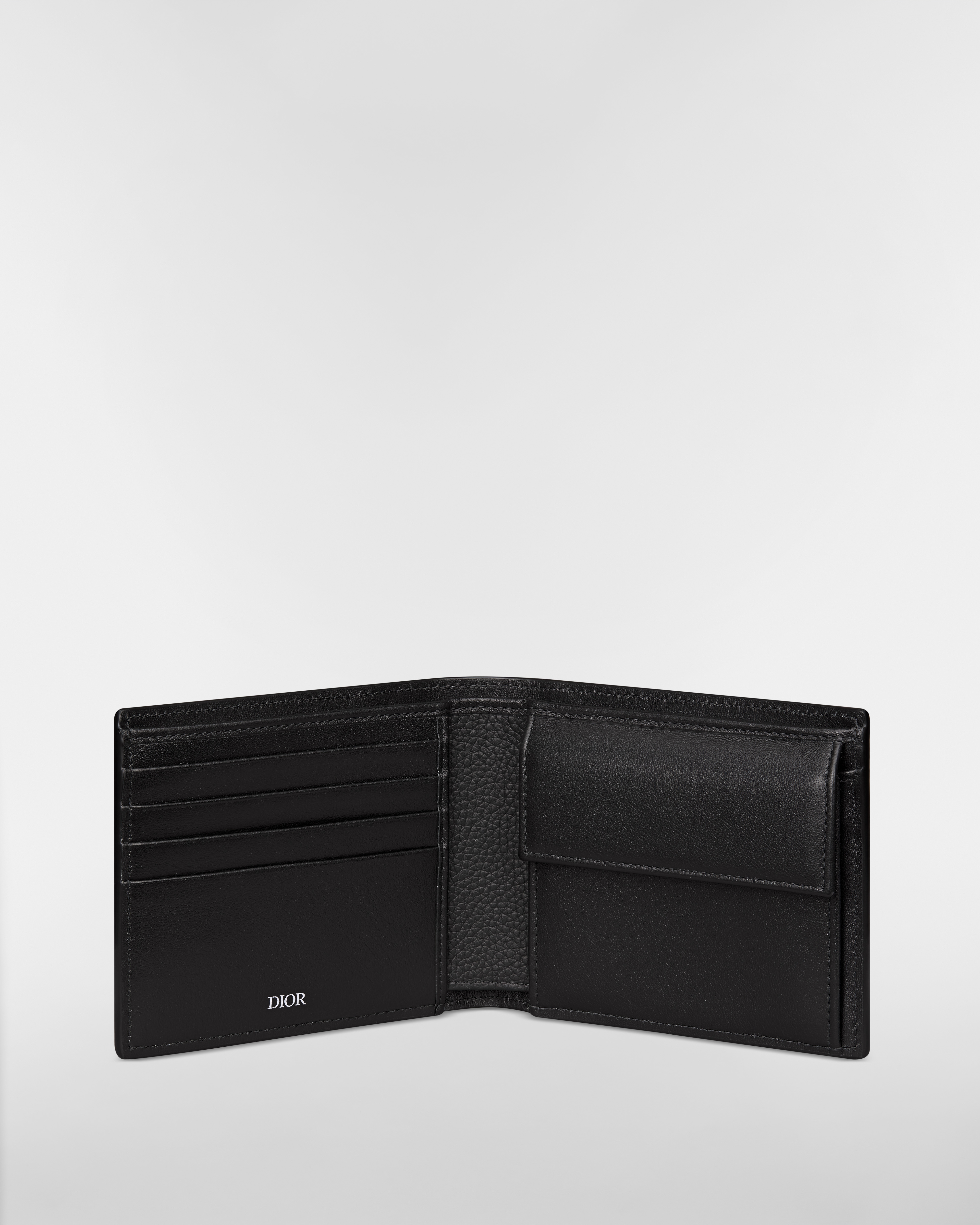 Saddle Bifold Wallet Black Grained Calfskin Marquetry with Beige and Black Dior Oblique Jacquard E07
