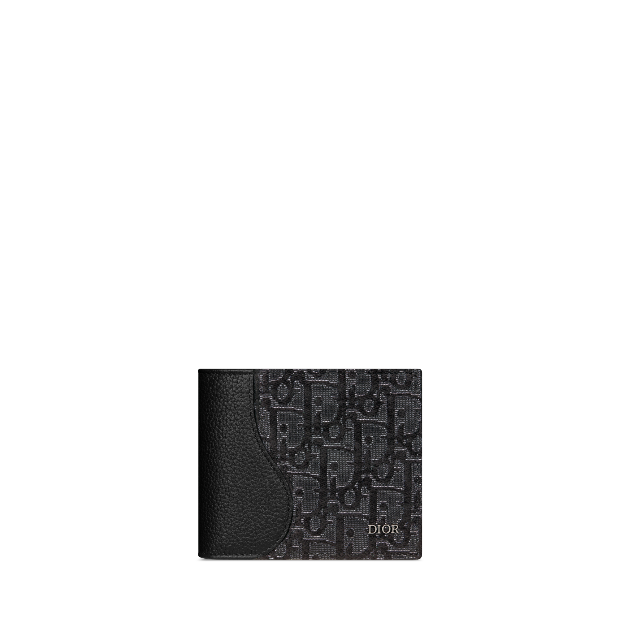 Saddle Bifold Wallet Black Grained Calfskin and Silver-Tone Metallic Dior Oblique Jacquard Marquetry E01