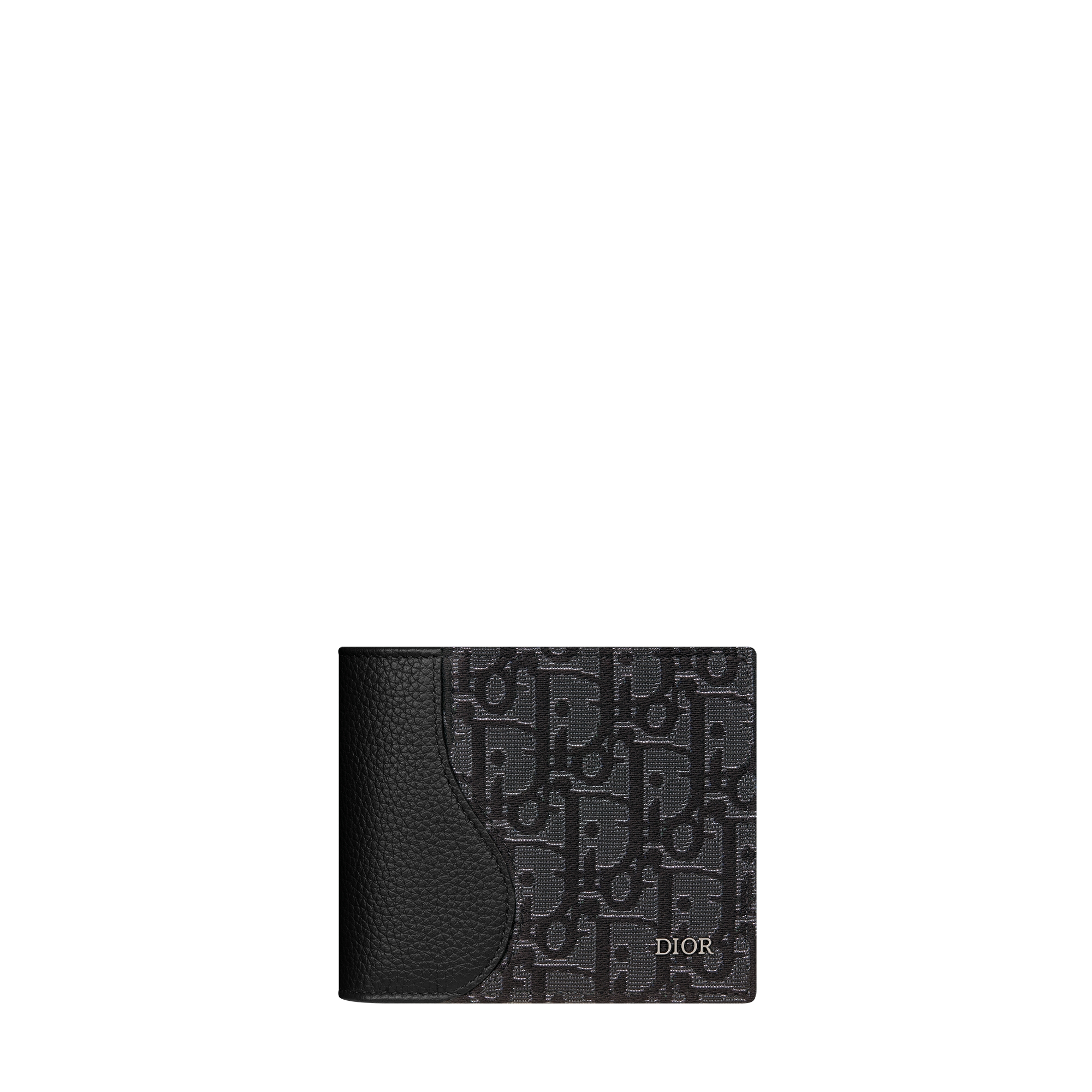Saddle Bifold Wallet Black Grained Calfskin and Silver-Tone Metallic Dior Oblique Jacquard Marquetry E01