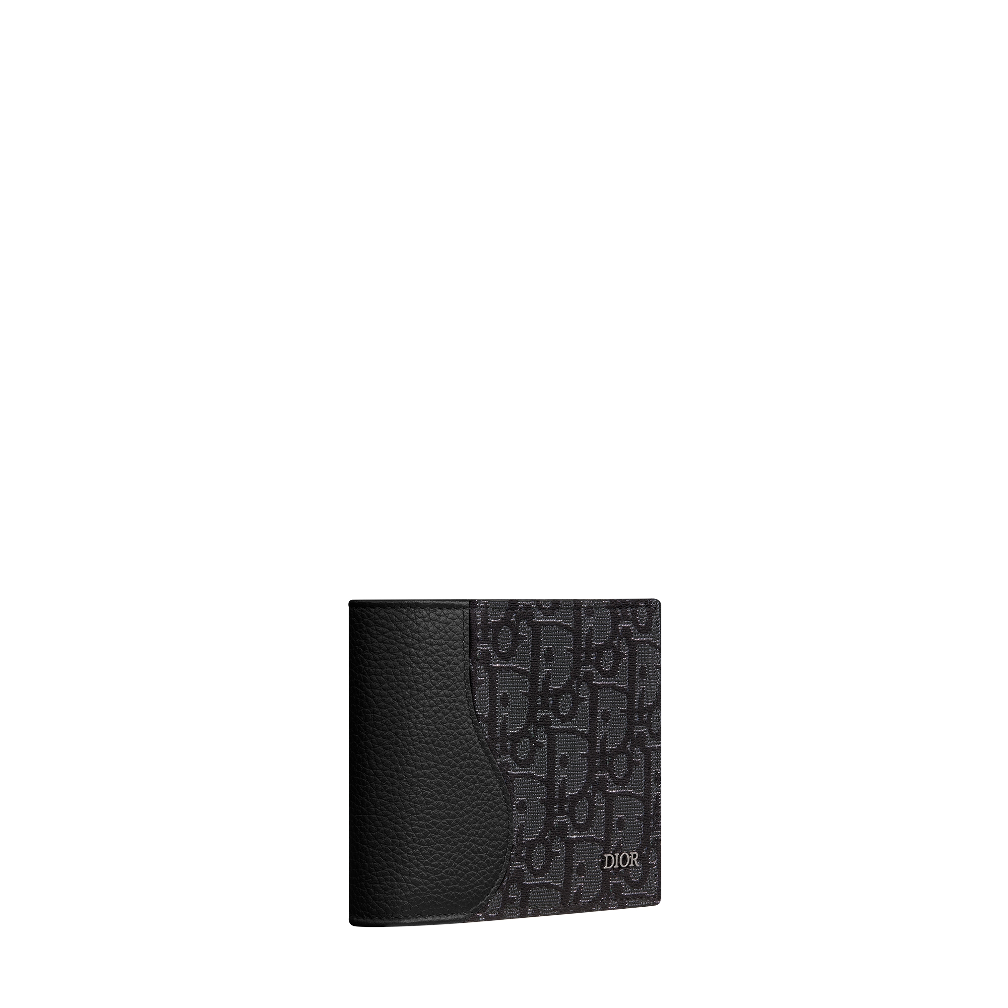 Saddle Bifold Wallet Black Grained Calfskin and Silver-Tone Metallic Dior Oblique Jacquard Marquetry E03