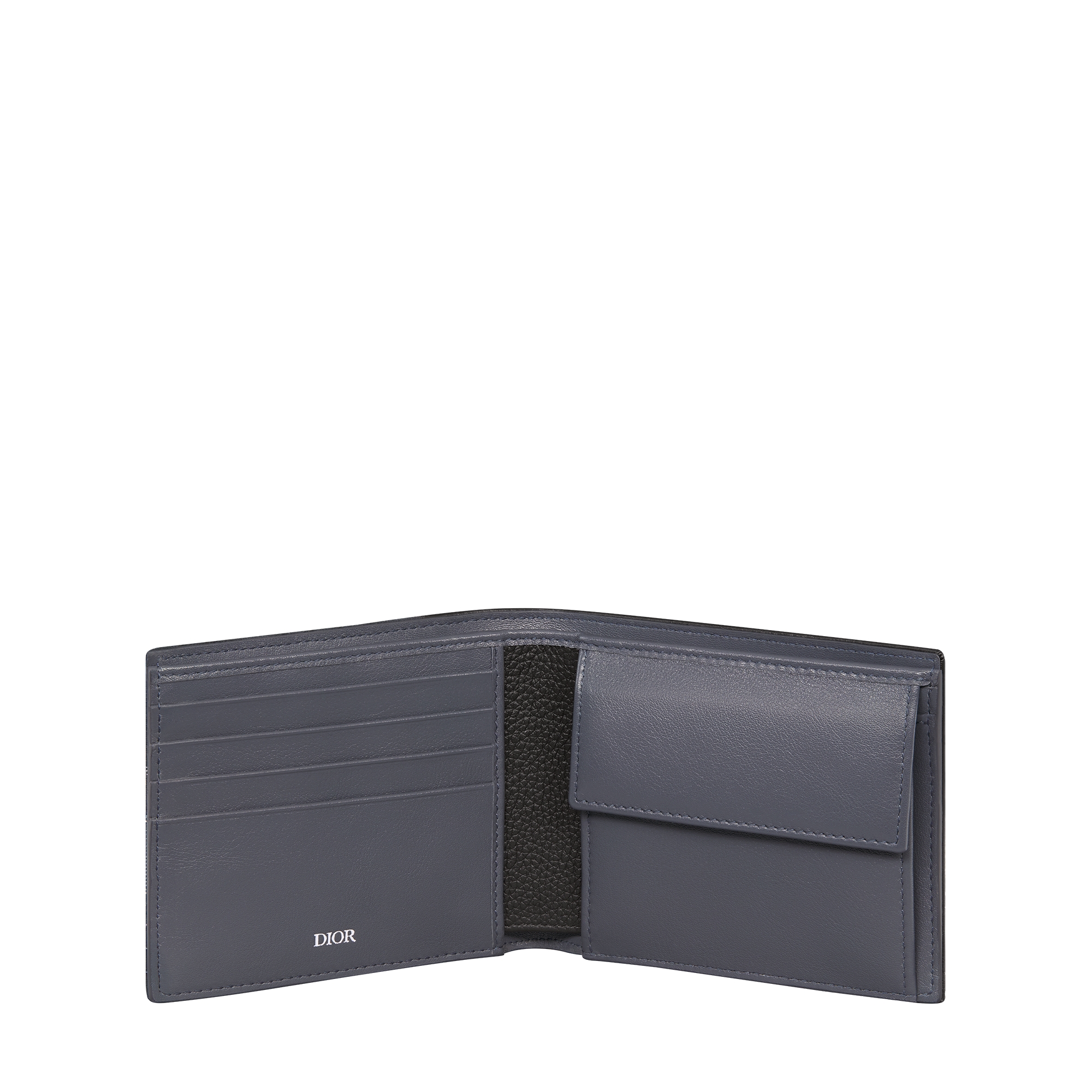 Saddle Bifold Wallet Black Grained Calfskin and Silver-Tone Metallic Dior Oblique Jacquard Marquetry E07