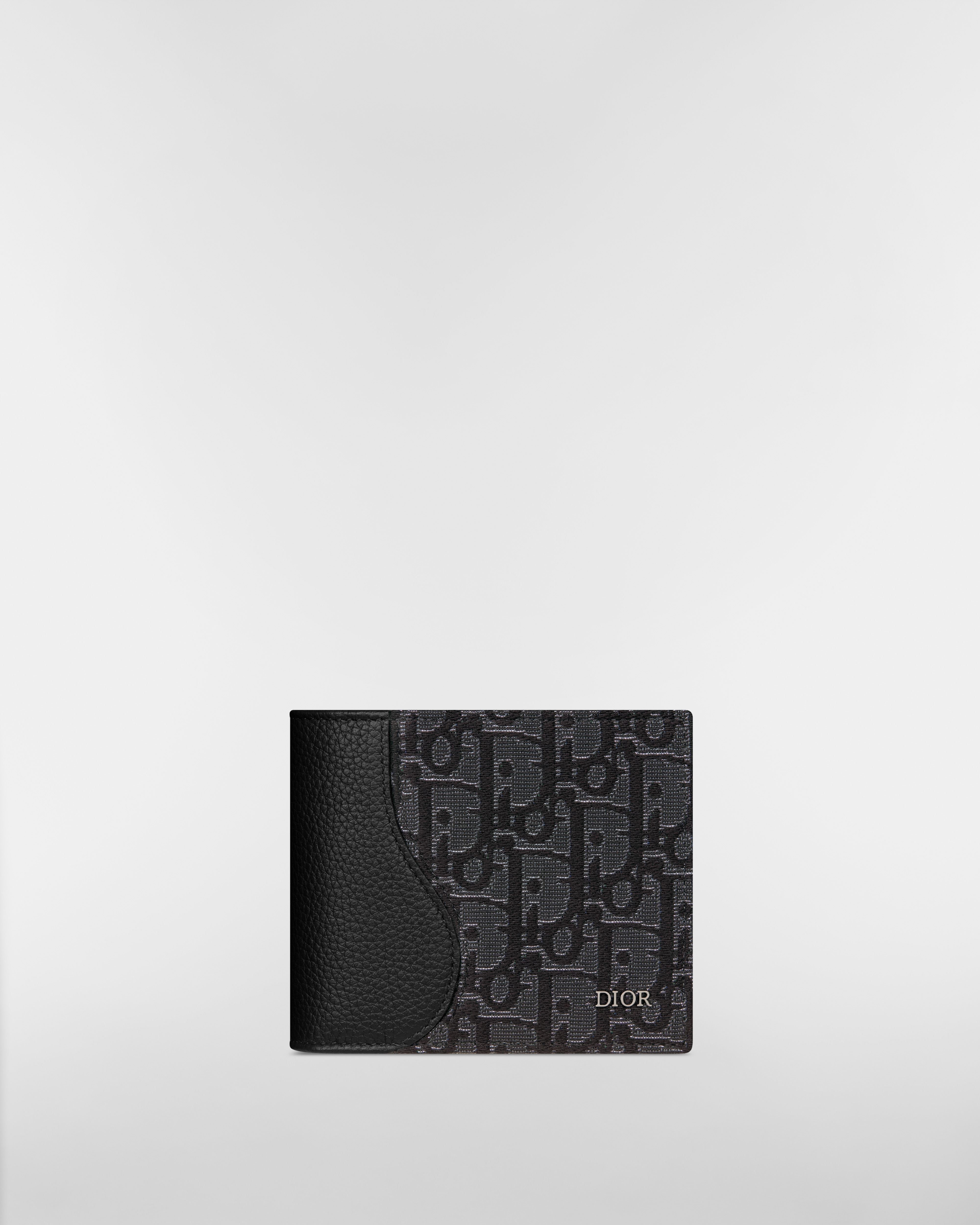 Saddle Bifold Wallet Black Grained Calfskin and Silver-Tone Metallic Dior Oblique Jacquard Marquetry E01