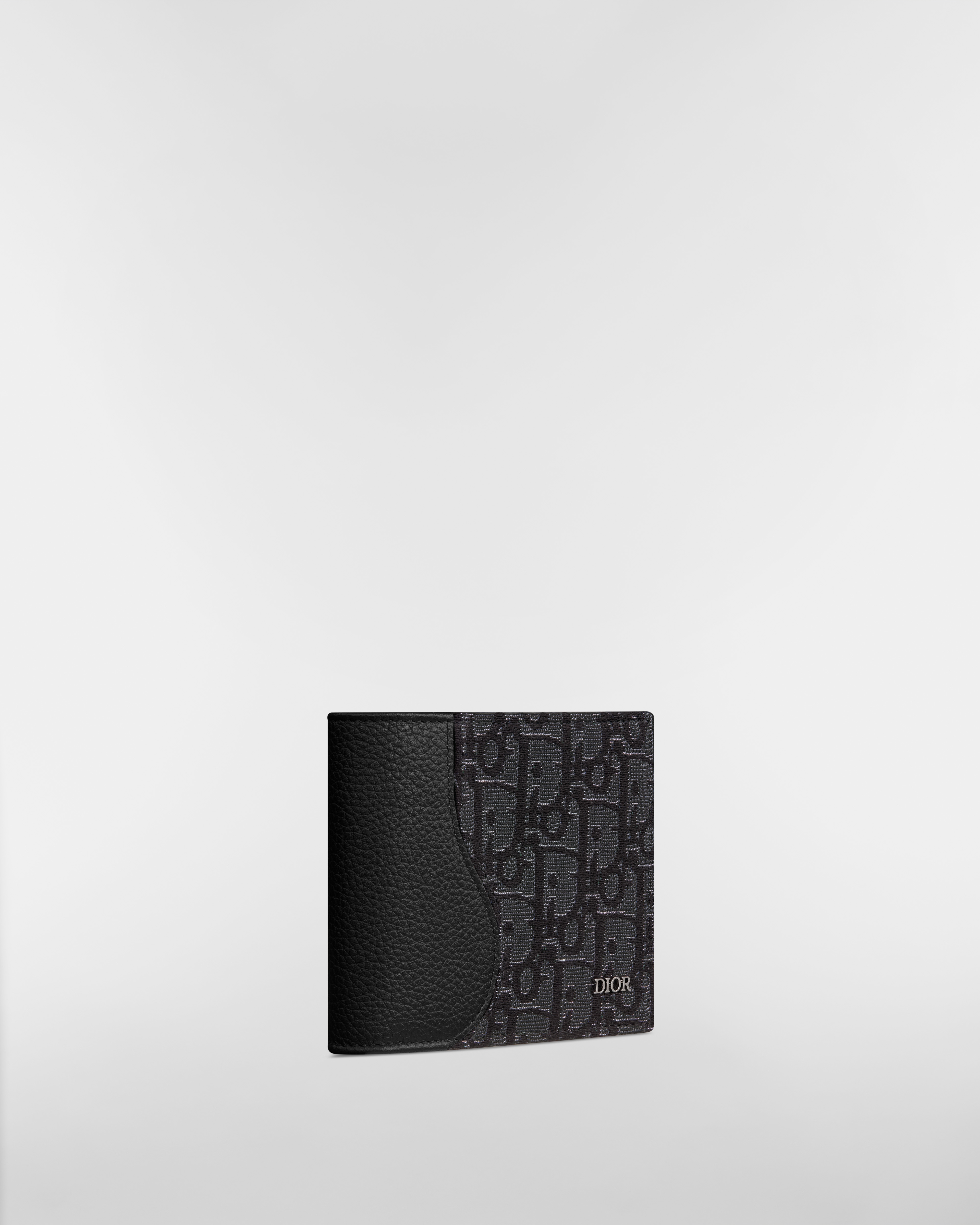 Saddle Bifold Wallet Black Grained Calfskin and Silver-Tone Metallic Dior Oblique Jacquard Marquetry E03