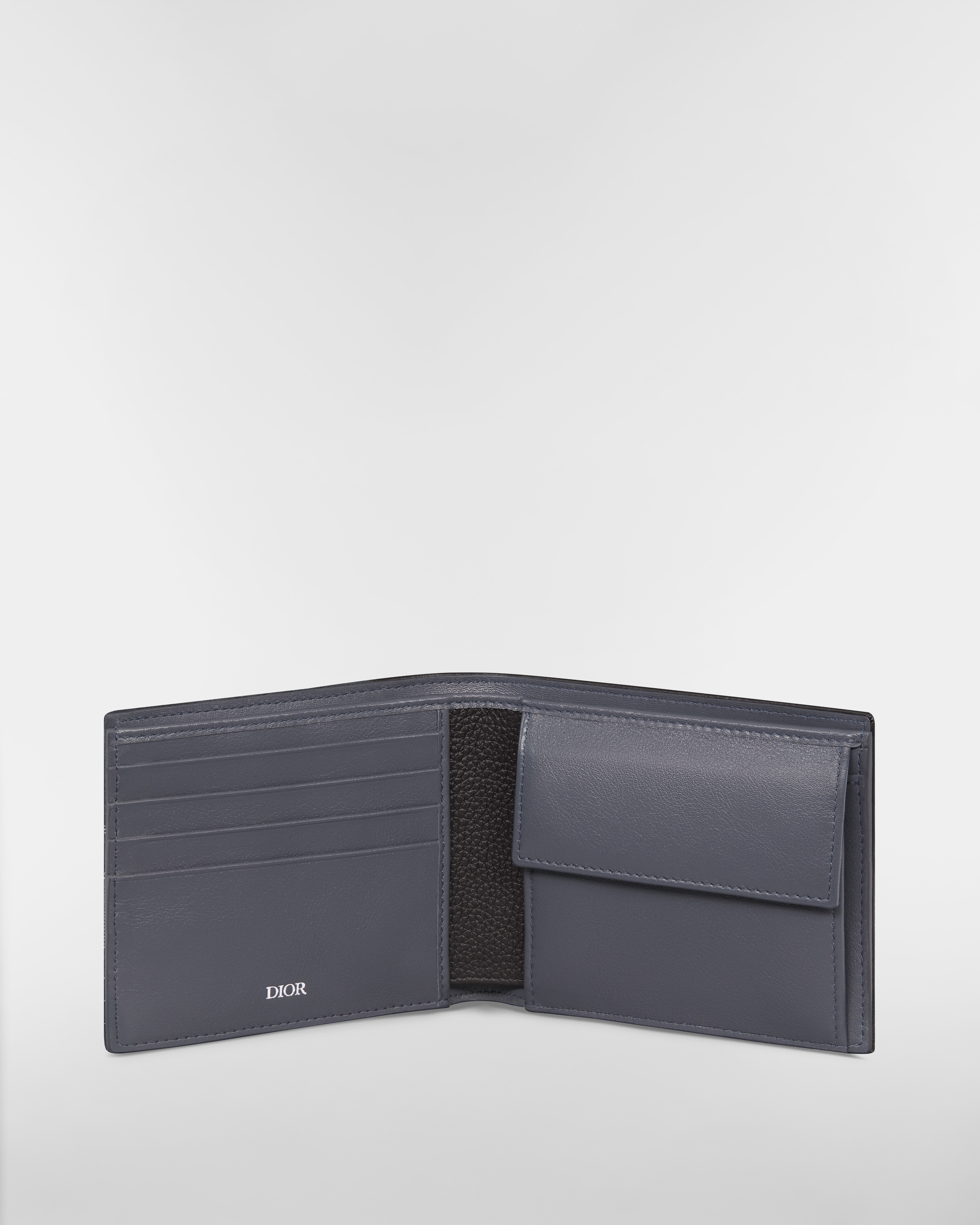 Saddle Bifold Wallet Black Grained Calfskin and Silver-Tone Metallic Dior Oblique Jacquard Marquetry E07