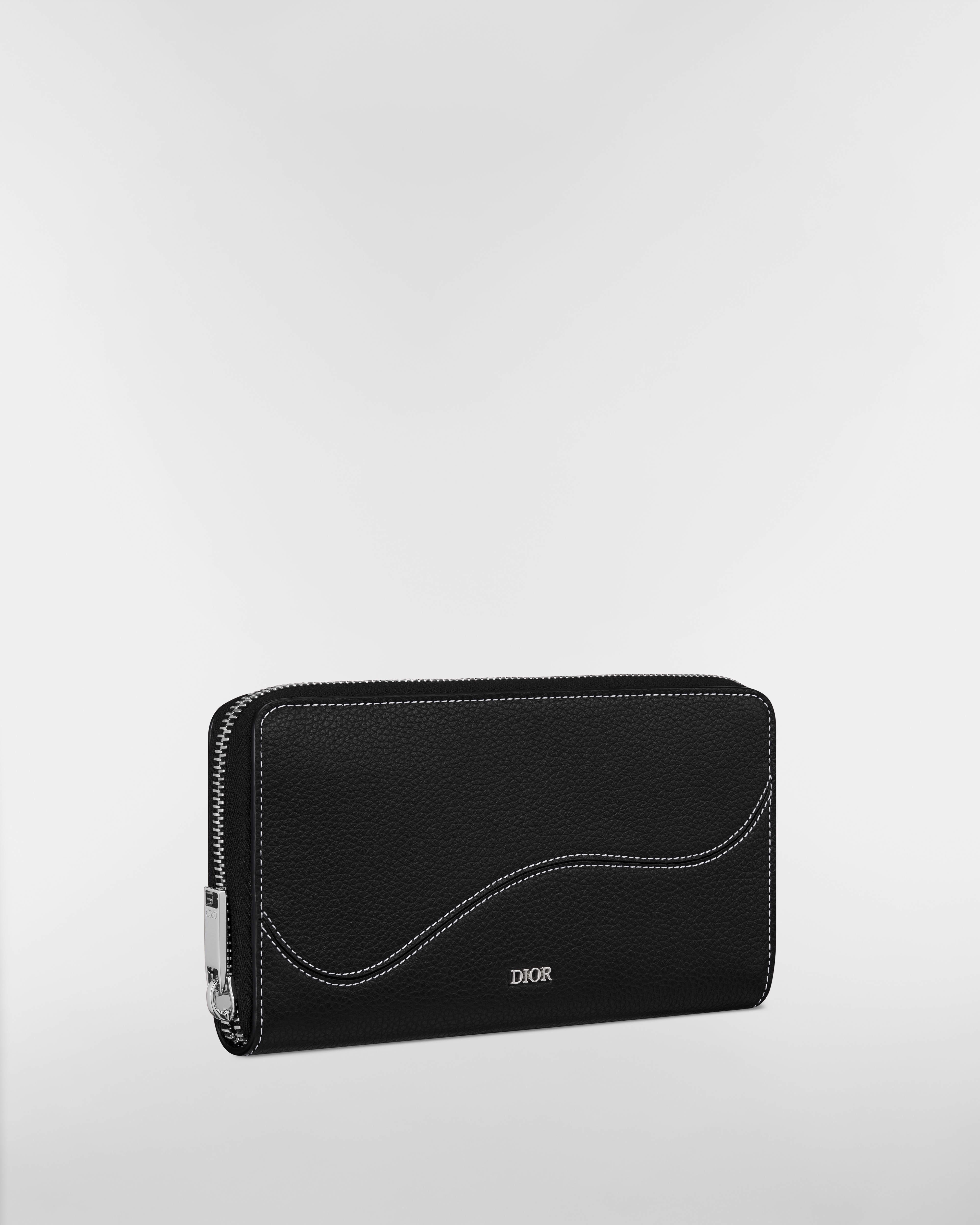 Saddle Long Zipped Wallet Black Grained Calfskin Marquetry E03