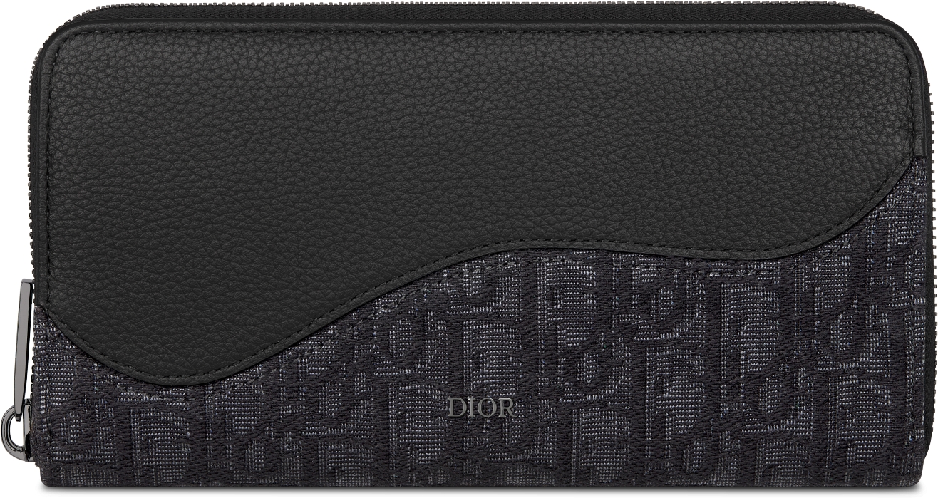 Saddle Zipped Long Wallet Black Grained Calfskin Marquetry and Black Dior Oblique Jacquard DIOR