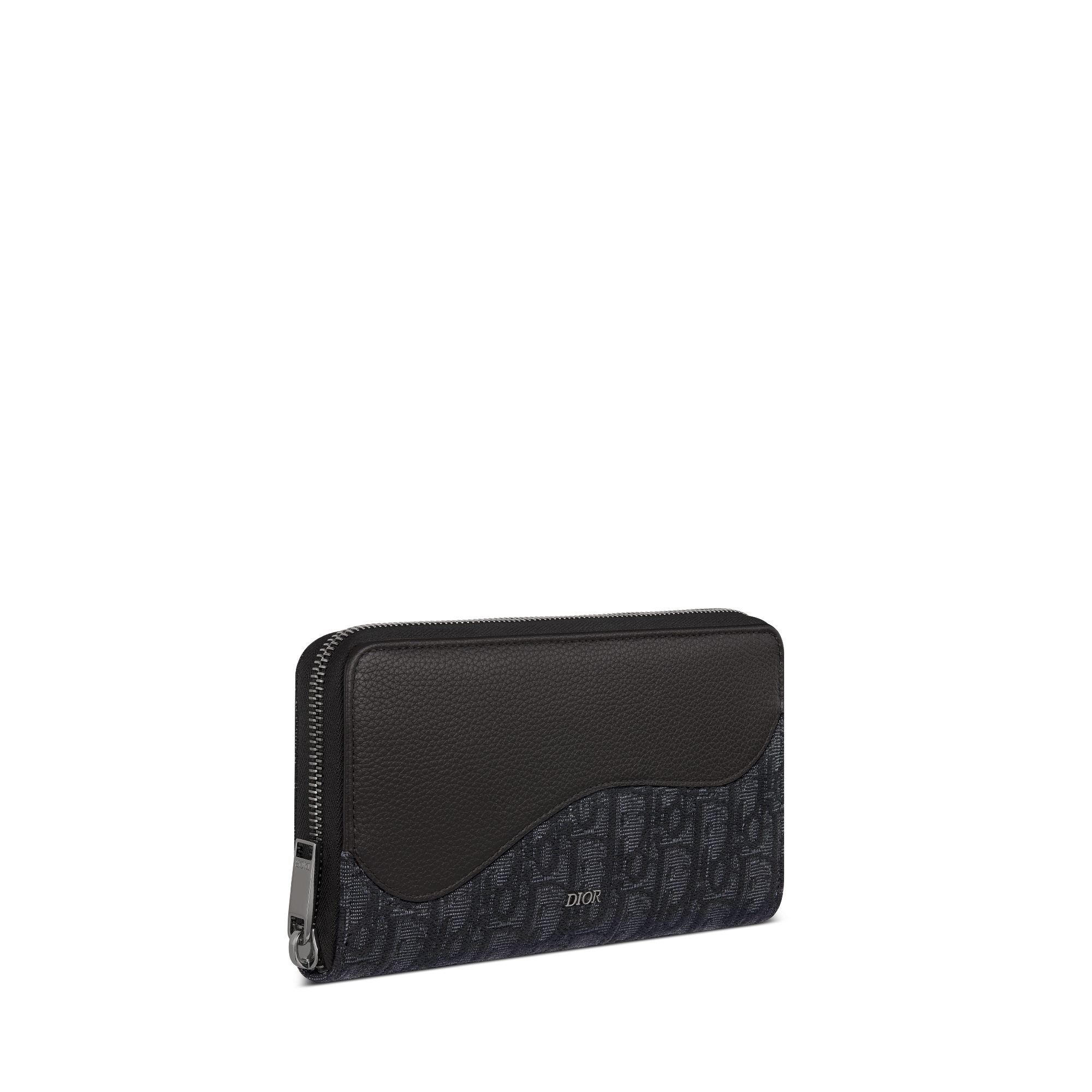 Saddle Long Zipped Wallet Black Grained Calfskin Marquetry and Black Dior Oblique Jacquard E03