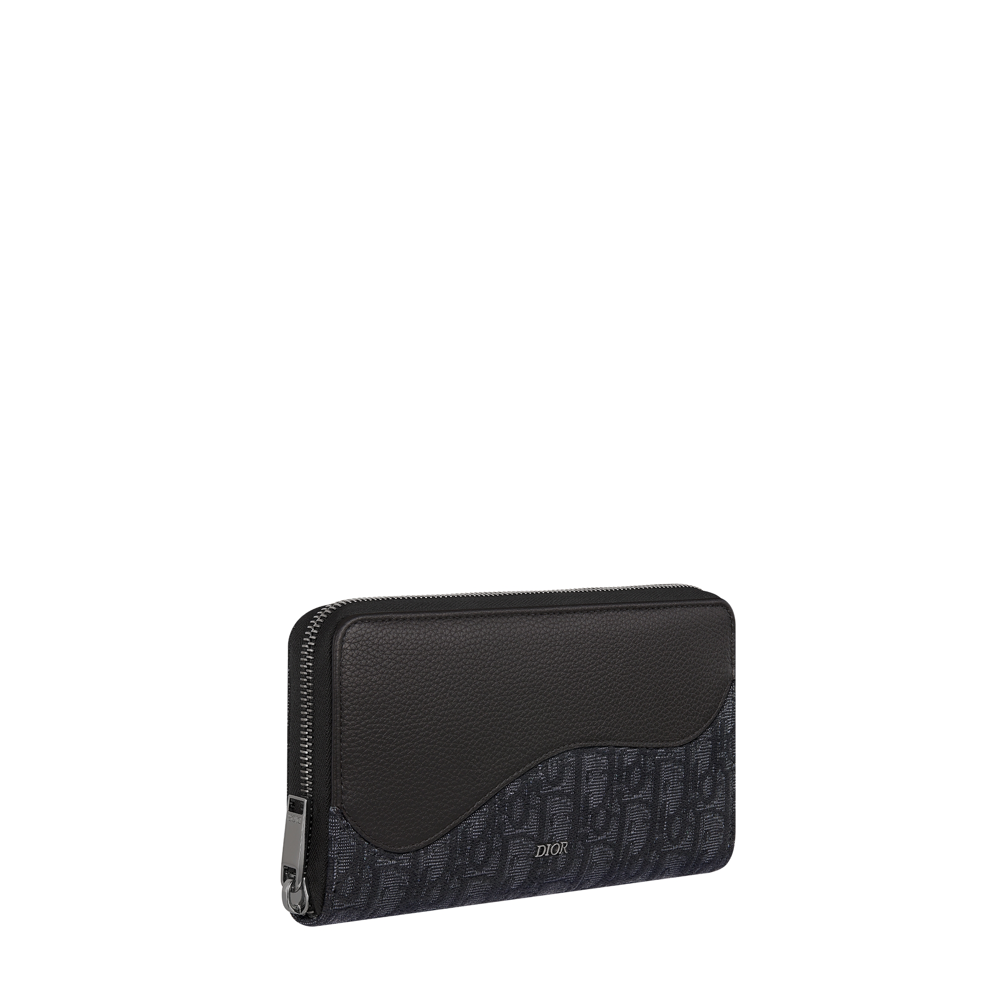 Saddle Long Zipped Wallet Black Grained Calfskin Marquetry and Black Dior Oblique Jacquard E03