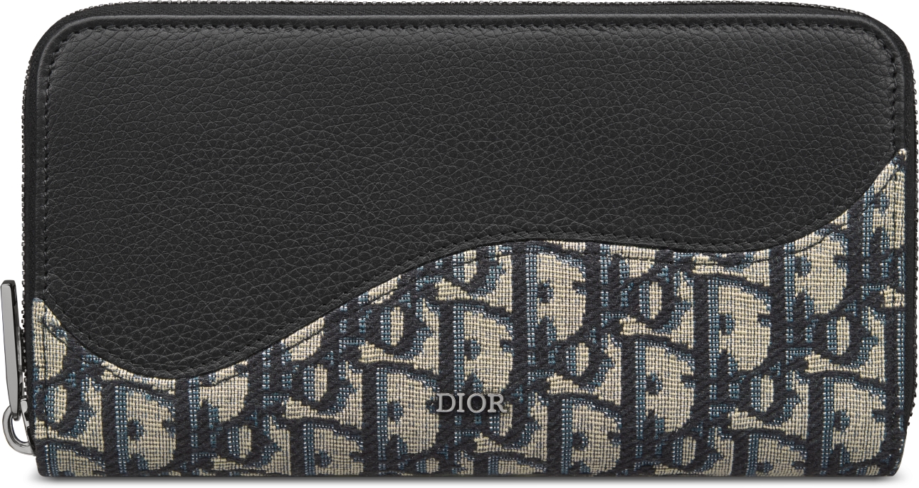 Saddle Zipped Long Wallet Black Grained Calfskin Marquetry with Beige and Black Dior Oblique Jacquard DIOR