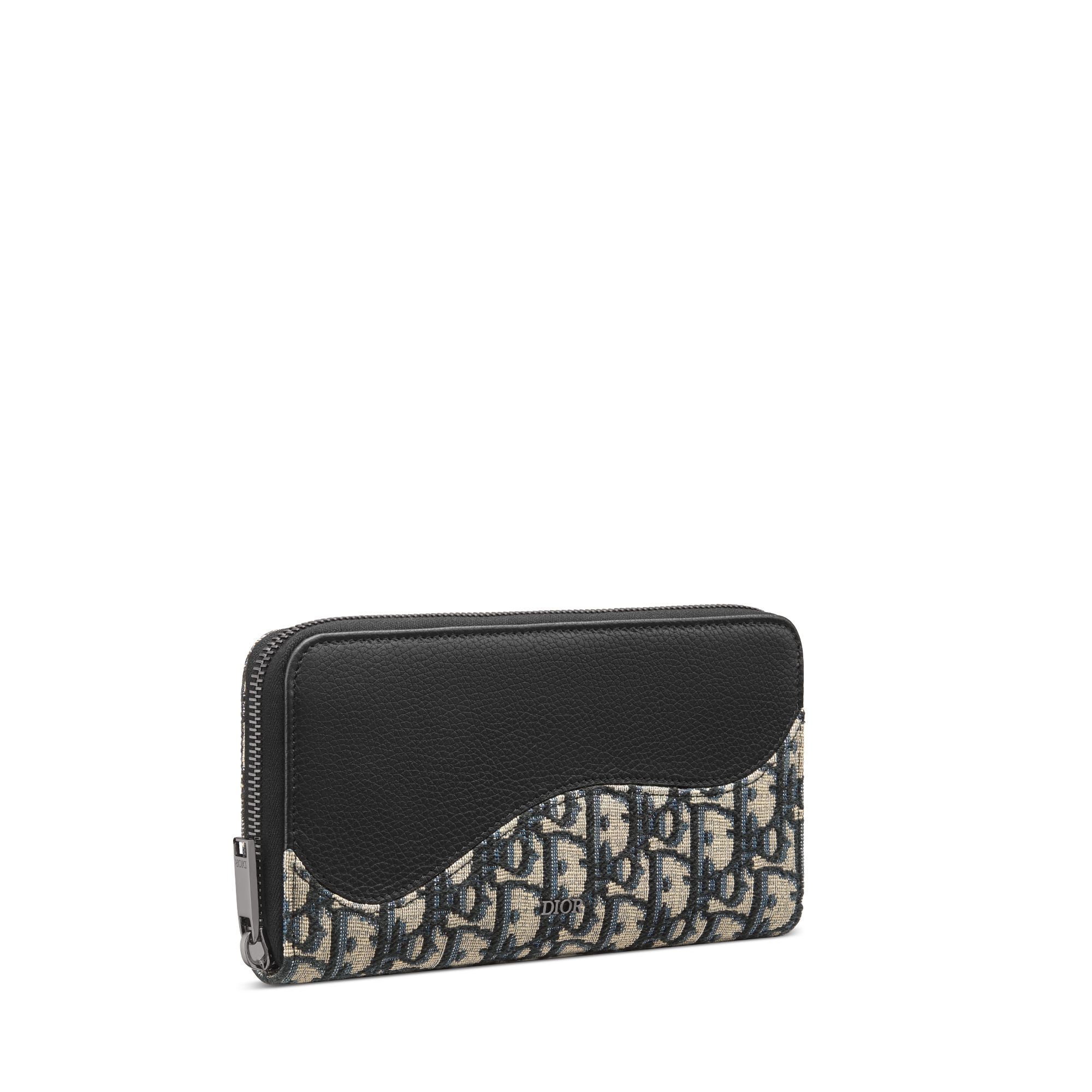 Saddle Long Zipped Wallet Black Grained Calfskin Marquetry with Beige and Black Dior Oblique Jacquard E03