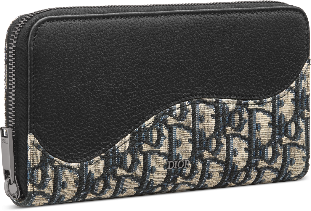 Saddle Zipped Long Wallet Black Grained Calfskin Marquetry with Beige and Black Dior Oblique Jacquard DIOR