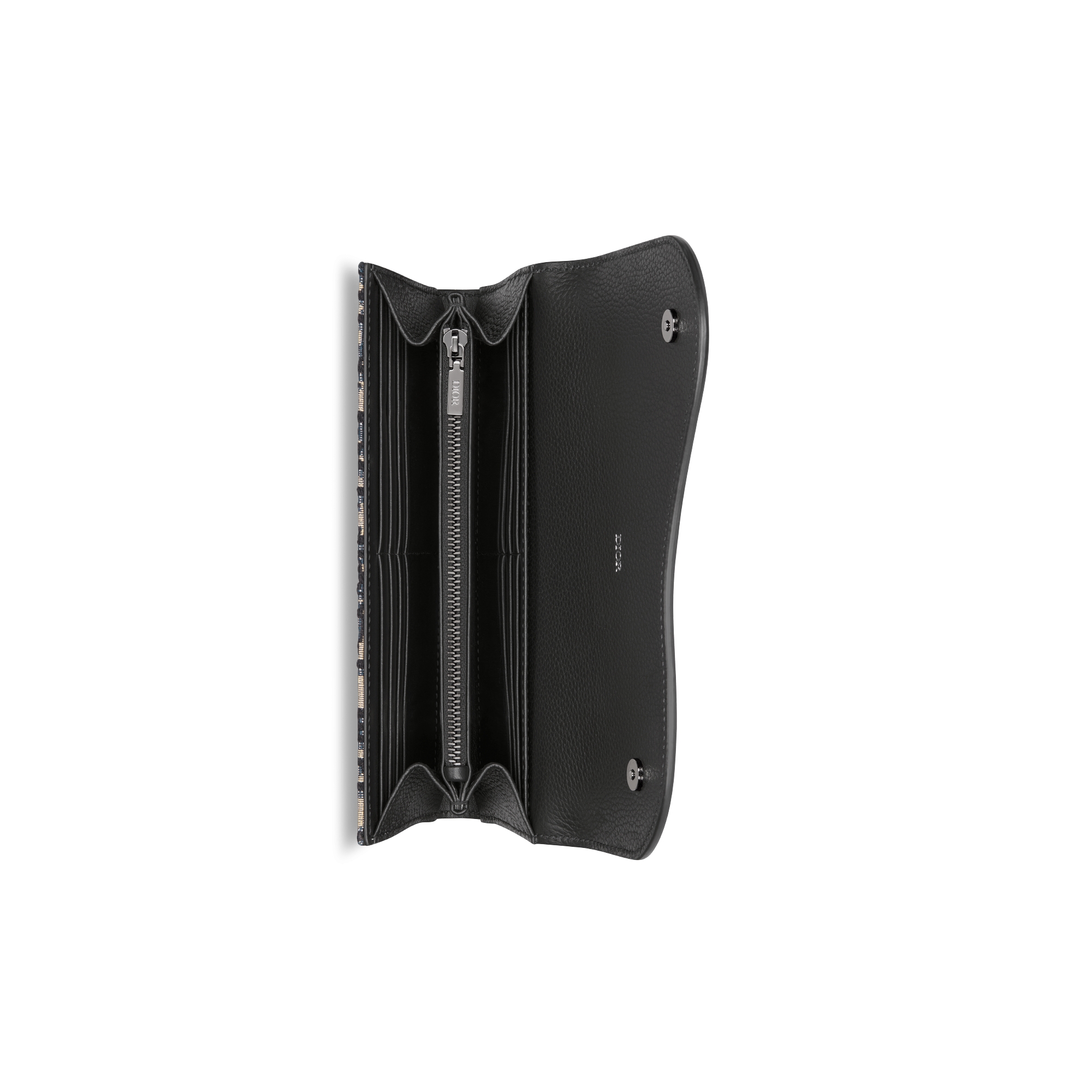 Lange Saddle-portemonnee Beige en zwarte Dior Oblique-jacquard met zwart generfd kalfsleer E06