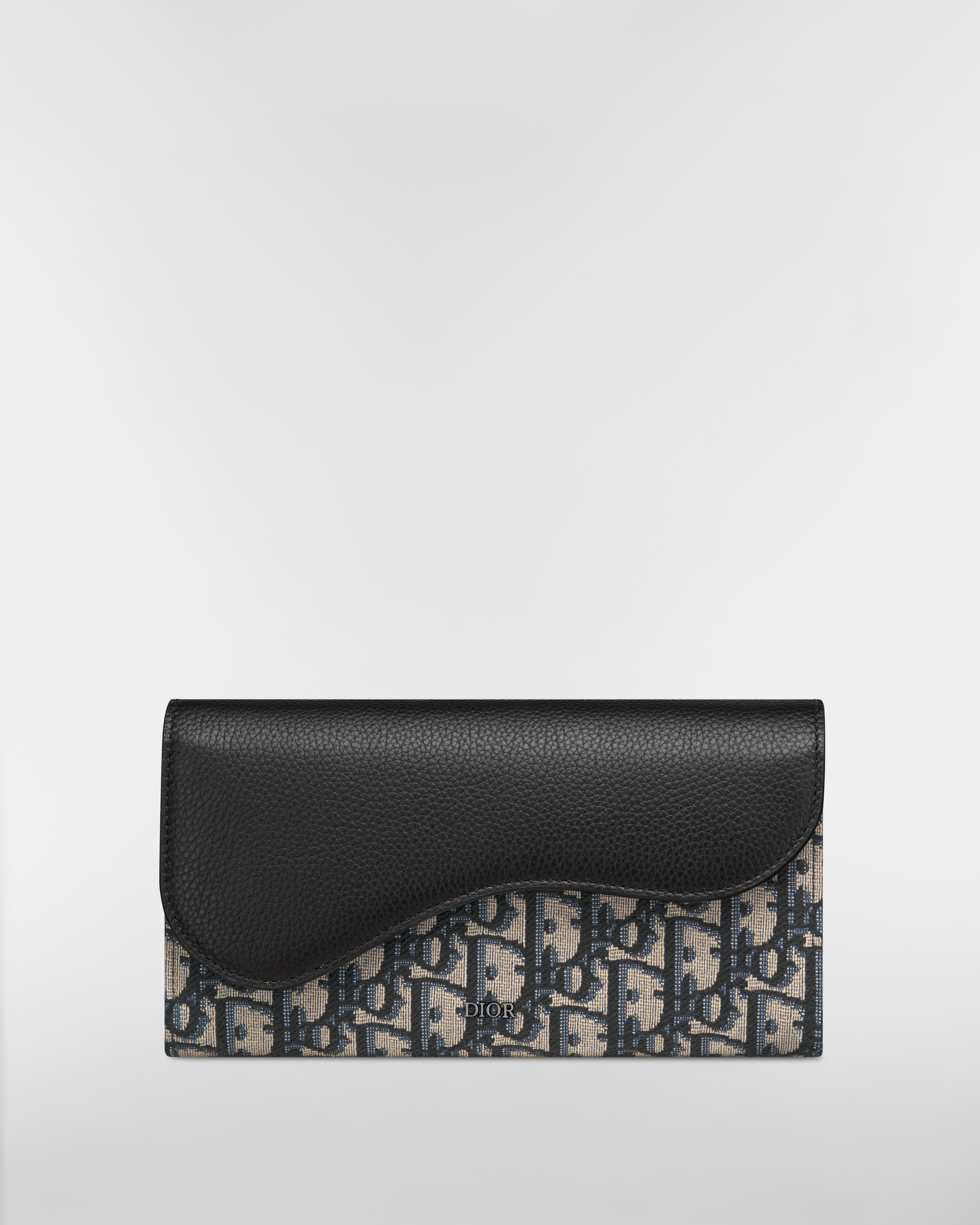 Carteira longa Saddle Jacquard Dior Oblique bege e preto com couro de vitelo granulado preto E01